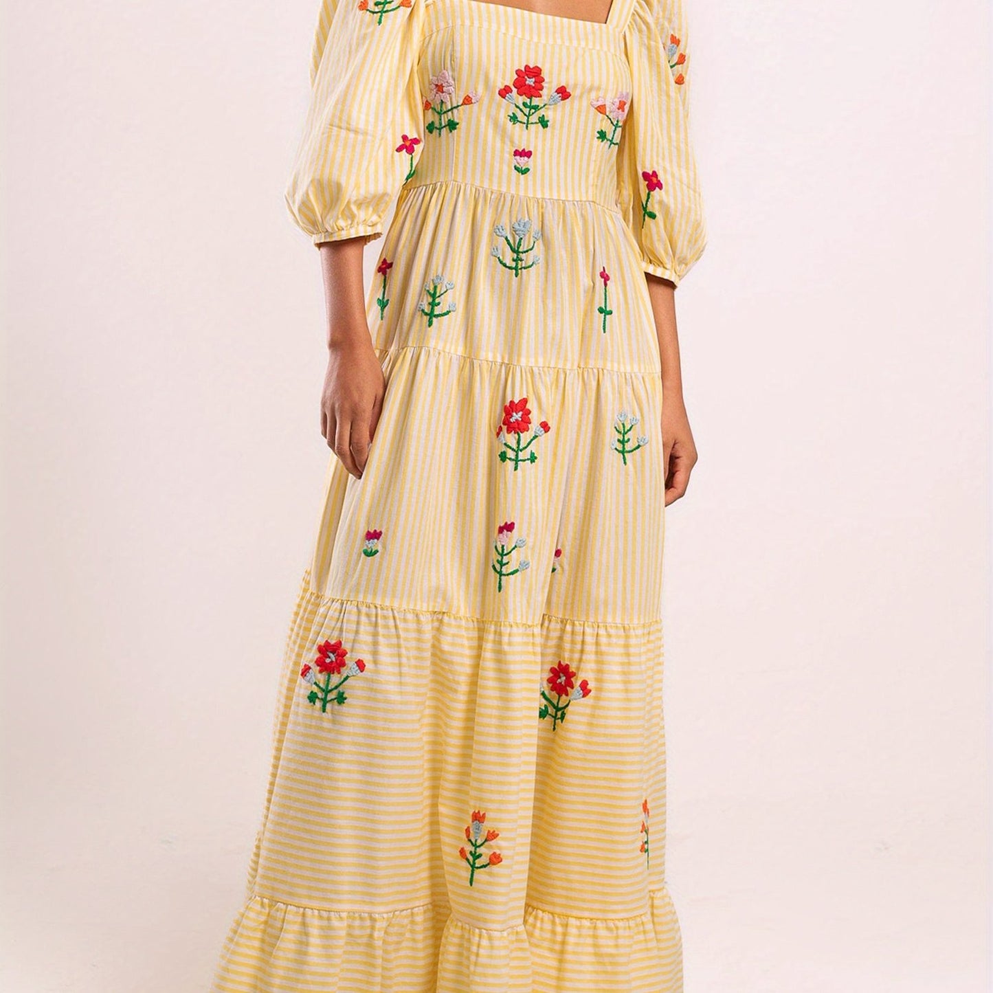 Women's Elegant Floral-like long dress - Flowy A-Line Formal & casual event gown, with Square Neckline, for Wedding, Party, Everyday Outfits - Spring\u002FSummer\u002FFall Dresses, Seasonal Fashion, Smocked Embroidery, Lightweight Fabric