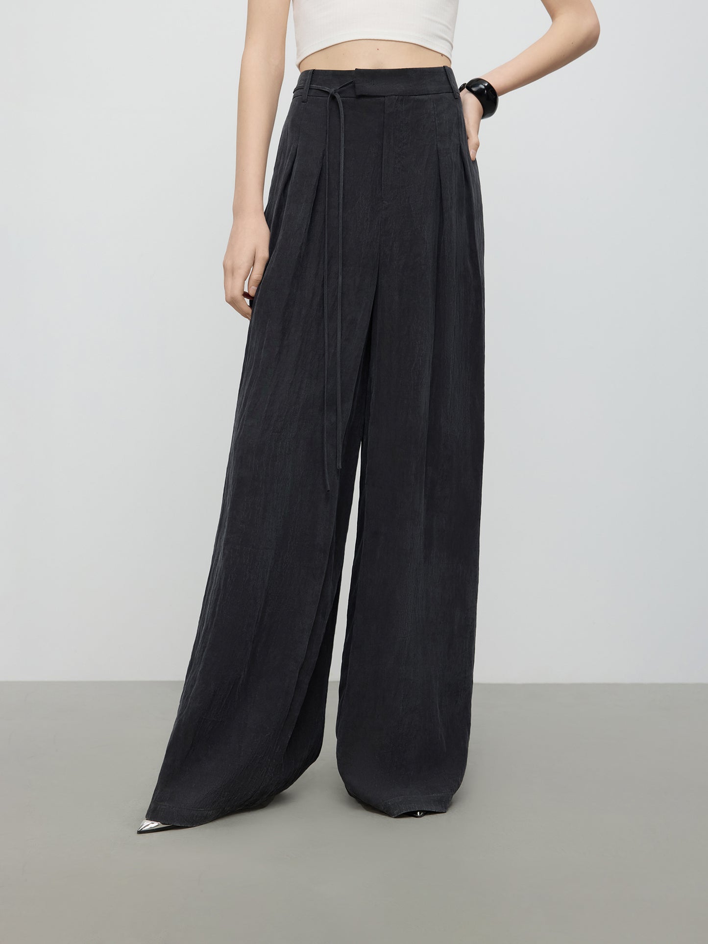 FSLE Women's 2025 Summer Casual Wide-Leg Pants with Subtle Elastic Waistband - Floor-Sweeping Ankle-Length, Non-Stretch Breathable Fabric, Solid Color for Casual Attire