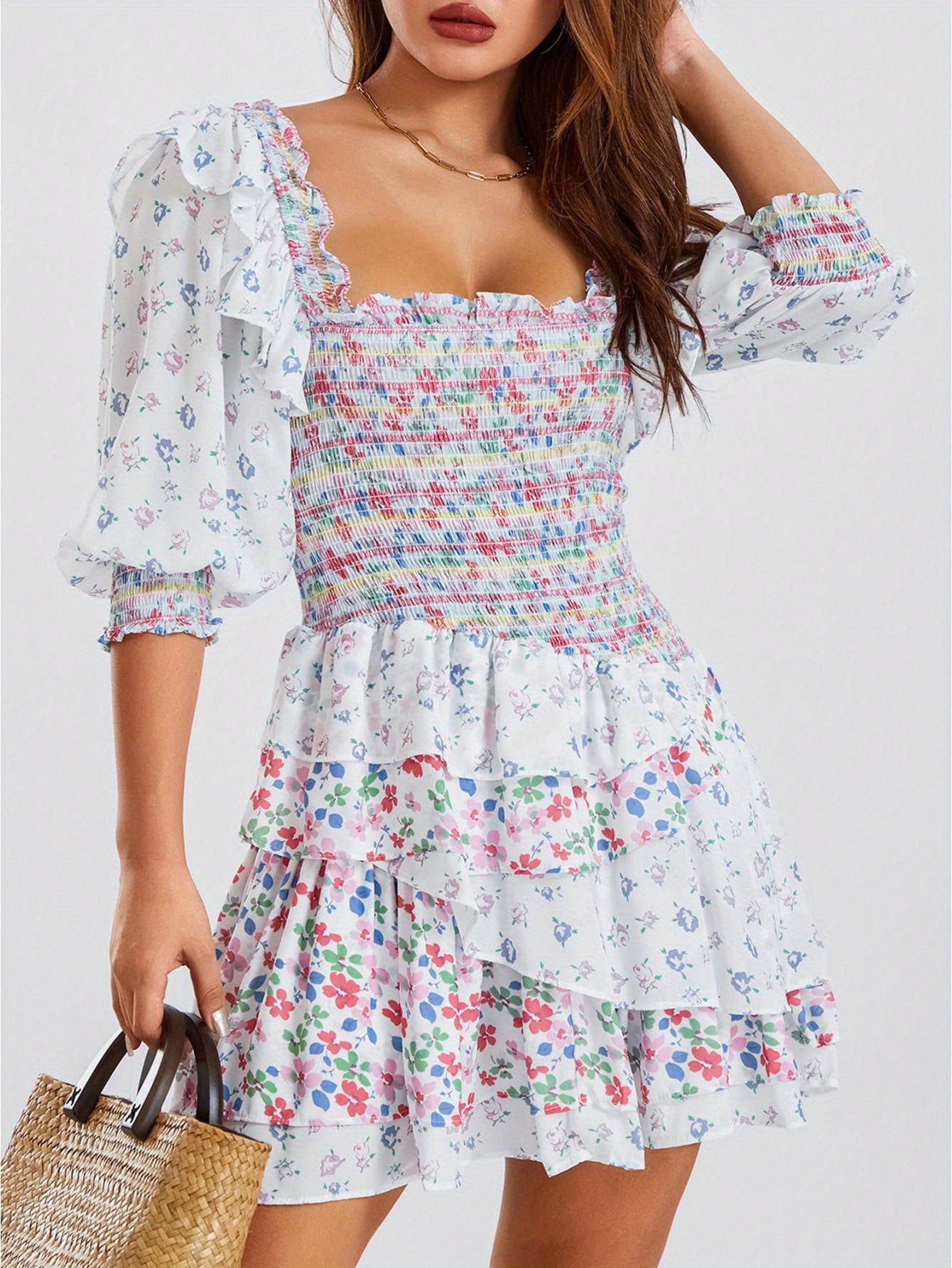 Women'S Elegant Summer A-Line Mini Dress with Short Puff Sleeves & Smocked Waist - Layered Ruffle Hem, Floral Print, Low-Cut Design for Casual or Dressy Occasions, Cute Summer Dresses, Delicate Sleeve Design