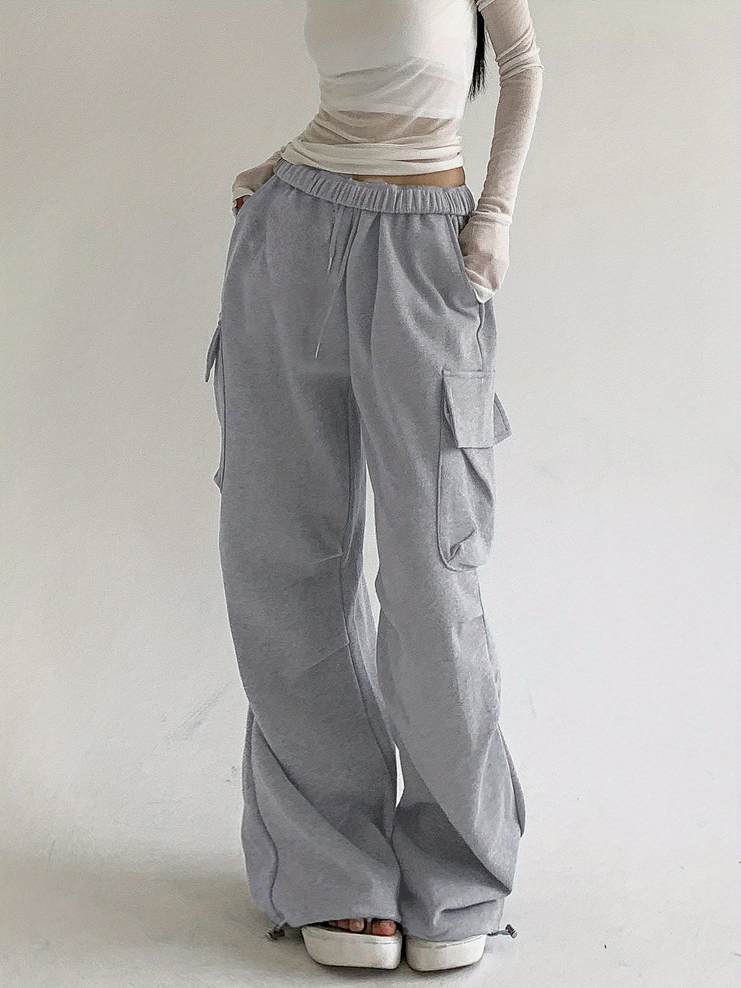 1pc Women'S High Waist Polyester Cargo Sweatpants - Casual Loose Fit Solid Color Parachute Pants with Flap Pockets, Ruched Design, Knit Fabric for Spring\u002FFall