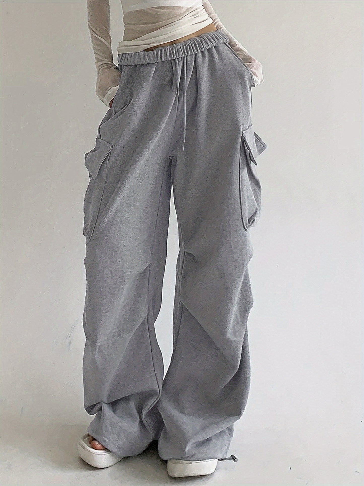 1pc Women'S High Waist Polyester Cargo Sweatpants - Casual Loose Fit Solid Color Parachute Pants with Flap Pockets, Ruched Design, Knit Fabric for Spring\u002FFall