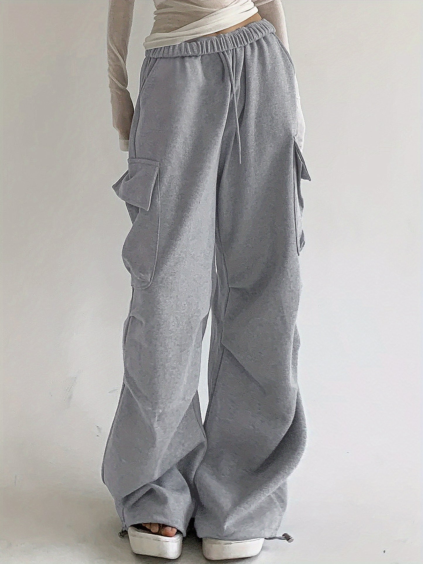 1pc Women'S High Waist Polyester Cargo Sweatpants - Casual Loose Fit Solid Color Parachute Pants with Flap Pockets, Ruched Design, Knit Fabric for Spring\u002FFall