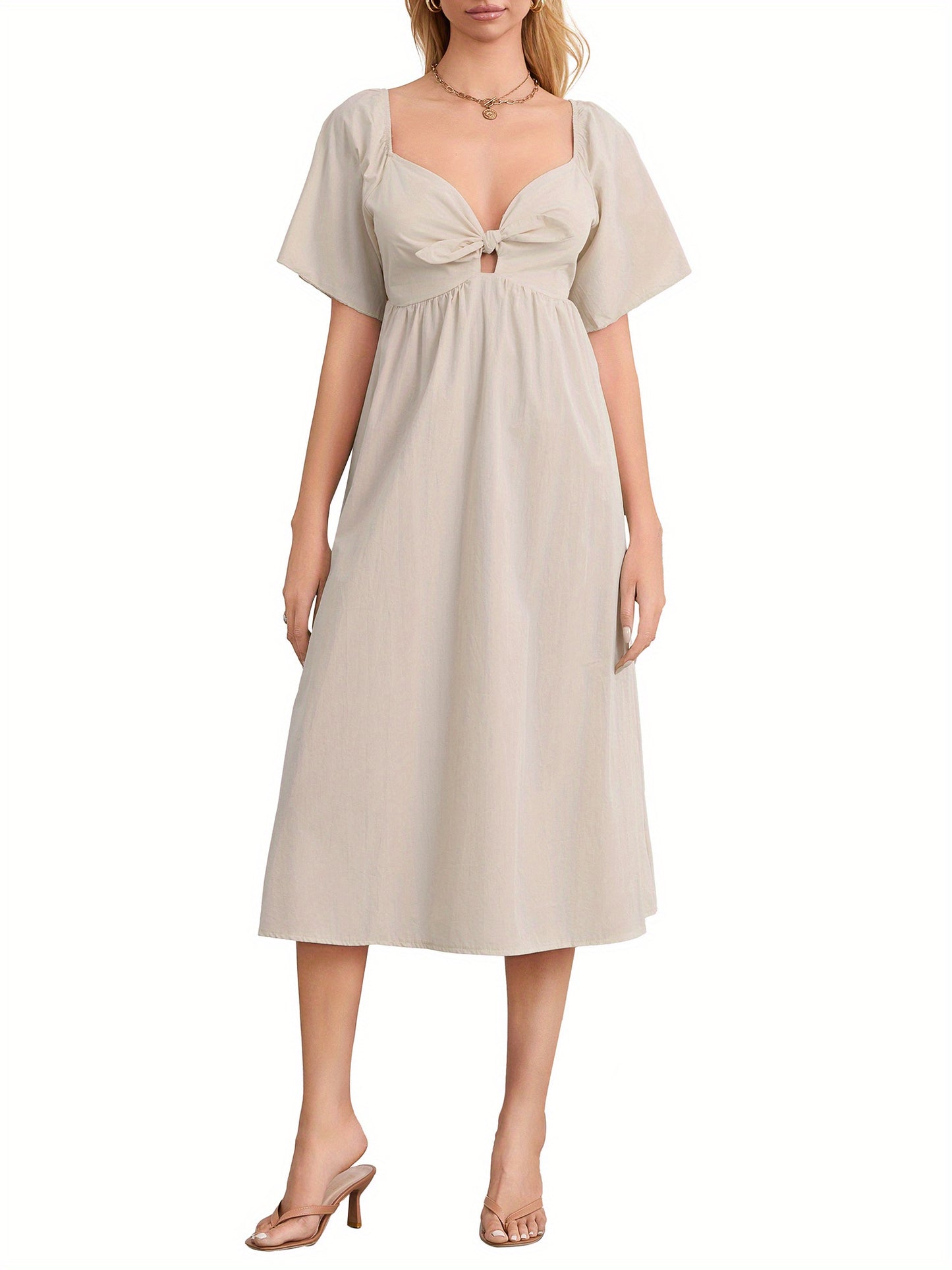 1pc Elegant Women'S Midi Dress - Sexy Square Neckline, Knotted V-Neck Detail, Ruched Short Sleeves, A-Line Silhouette, Polyester Woven Fabric, Solid Color, Versatile for All Seasons