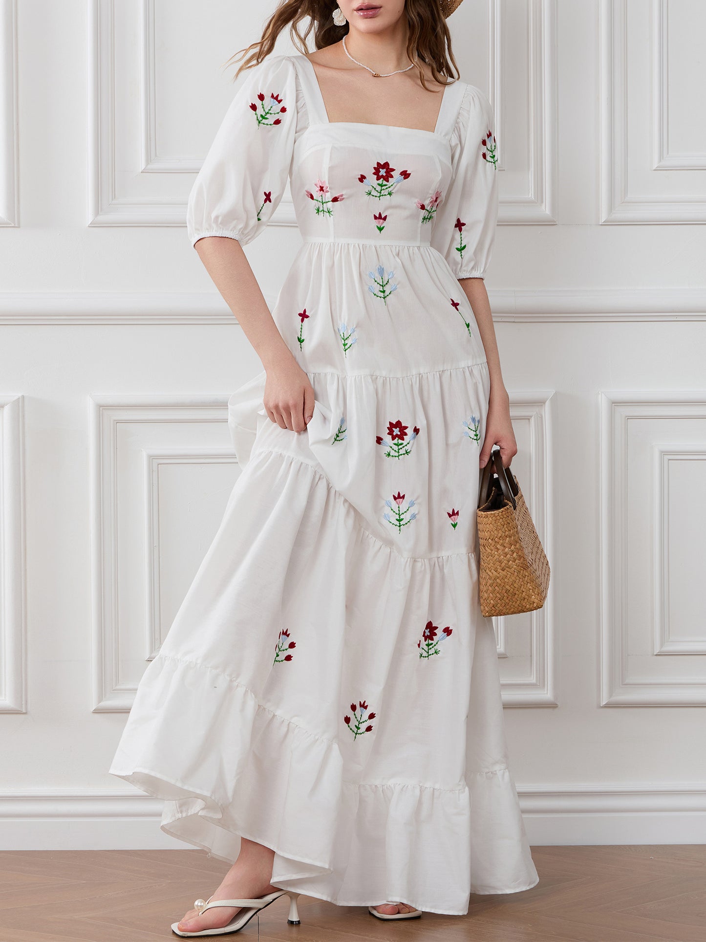 Women's Elegant Floral-like long dress - Flowy A-Line Formal & casual event gown, with Square Neckline, for Wedding, Party, Everyday Outfits - Spring\u002FSummer\u002FFall Dresses, Seasonal Fashion, Smocked Embroidery, Lightweight Fabric