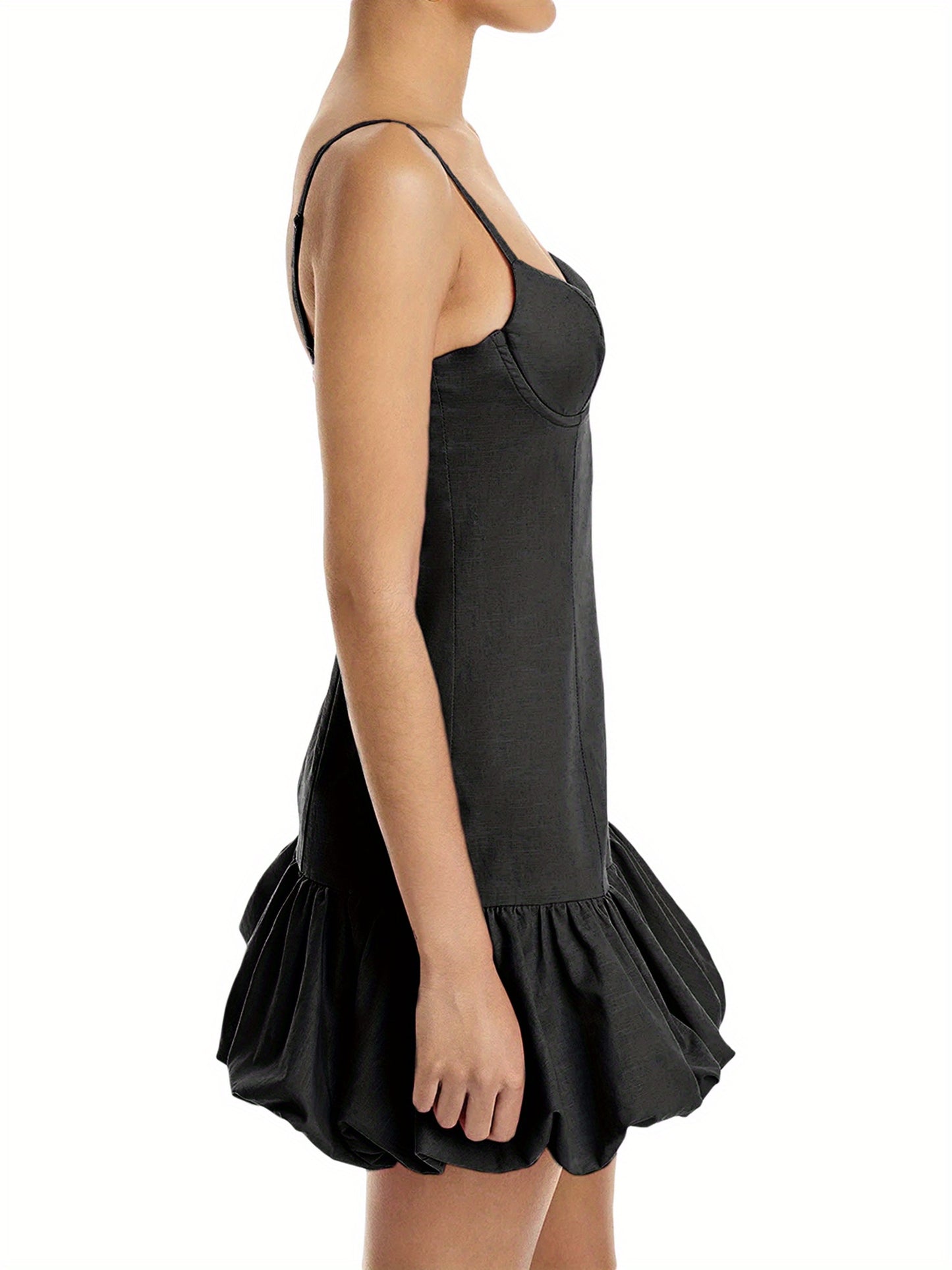 Women Mini Dress Solid Color Spaghetti Strap Sleeveless Dress Summer Fashion Bubble Hem Casual Cami Dress