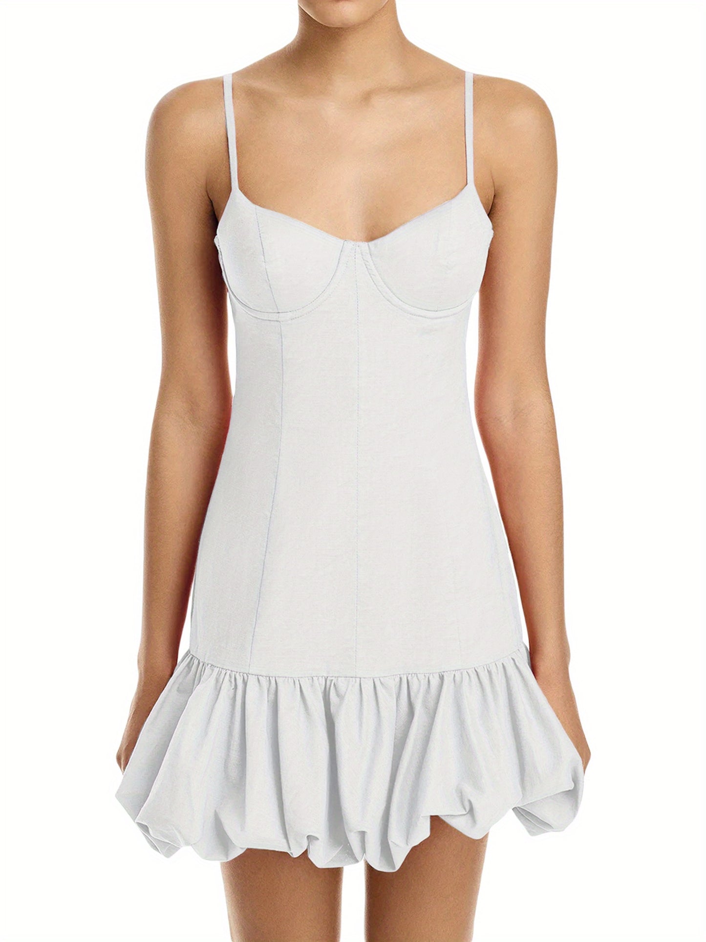 Women Mini Dress Solid Color Spaghetti Strap Sleeveless Dress Summer Fashion Bubble Hem Casual Cami Dress