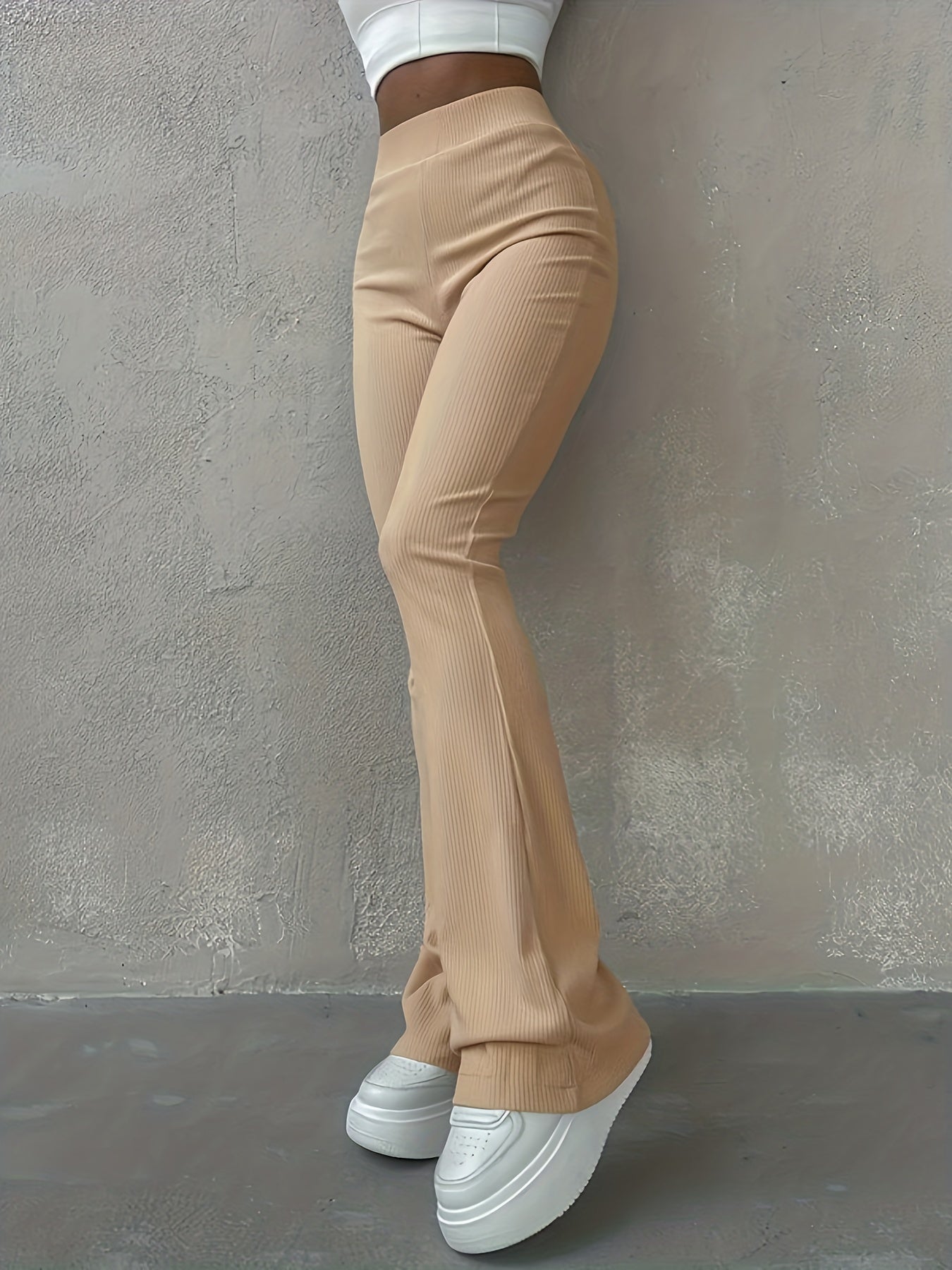 Casual Ribbed Simple Slim Leggings Solid Color High Waist Fashion Trousers