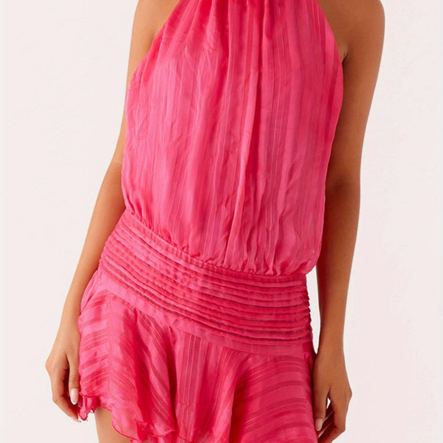 Women'S Sleeveless Halter Neck Mini Dress - Pleated A-Line Ruffle Hem, Open Back V-Neck, Solid Red Casual Summer Dress for Spring\u002FSummer\u002FFall, Spring Summer Dress | Sleeveless Fashion | Layered Ruffle Design