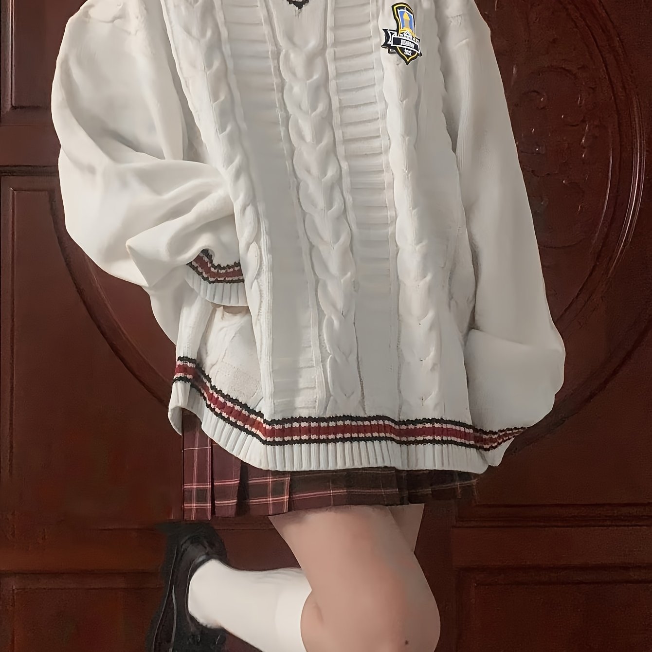 Japanese JK Uniform Sweater Loose Fit Women's Japanese JK Uniform V-Neck Sweater | Color-Block Contrast Trim, Braided Emblem Detail, Long Sleeve Knit Top for Casual & Outfits