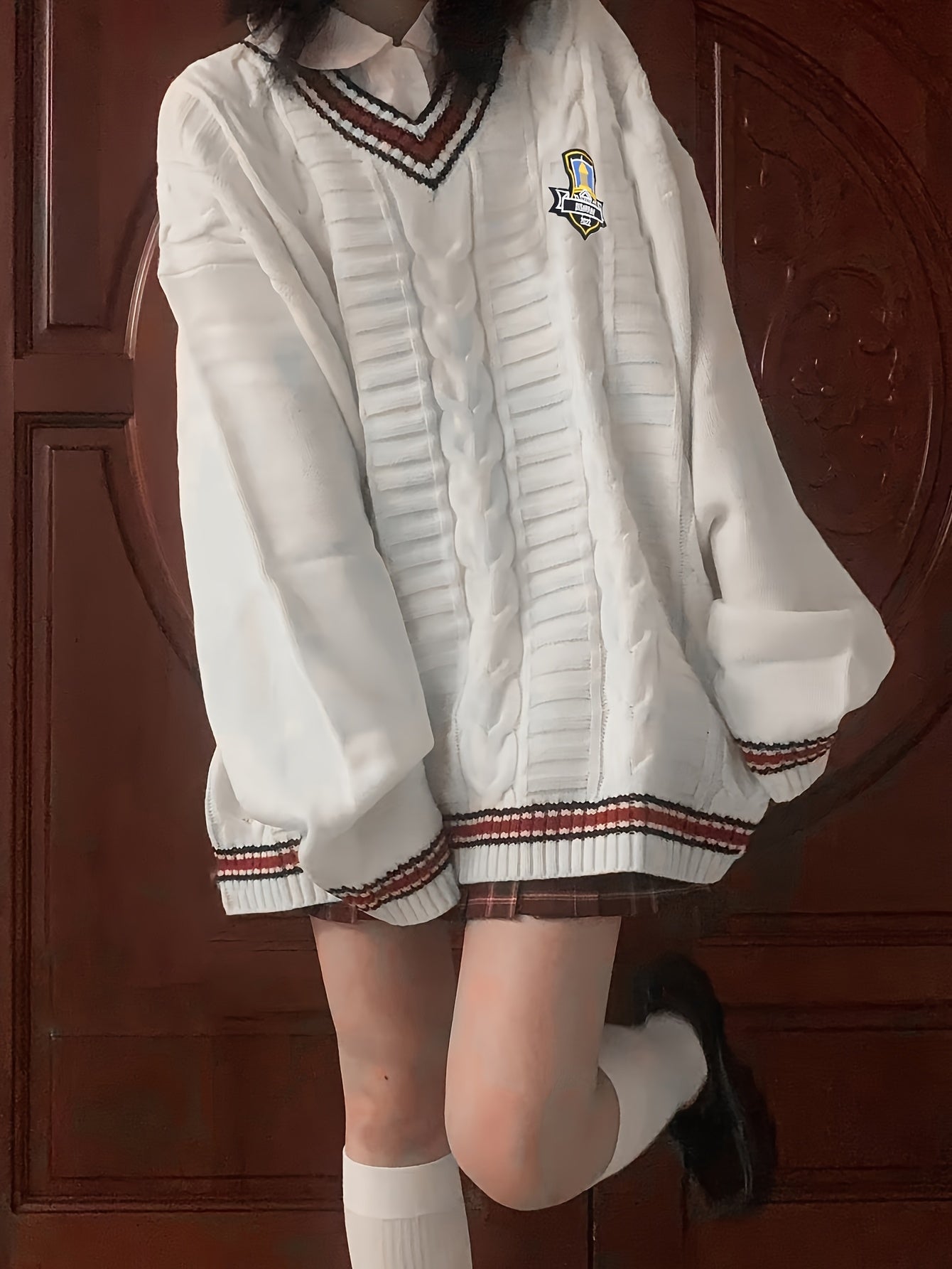 Japanese JK Uniform Sweater Loose Fit Women's Japanese JK Uniform V-Neck Sweater | Color-Block Contrast Trim, Braided Emblem Detail, Long Sleeve Knit Top for Casual & Outfits