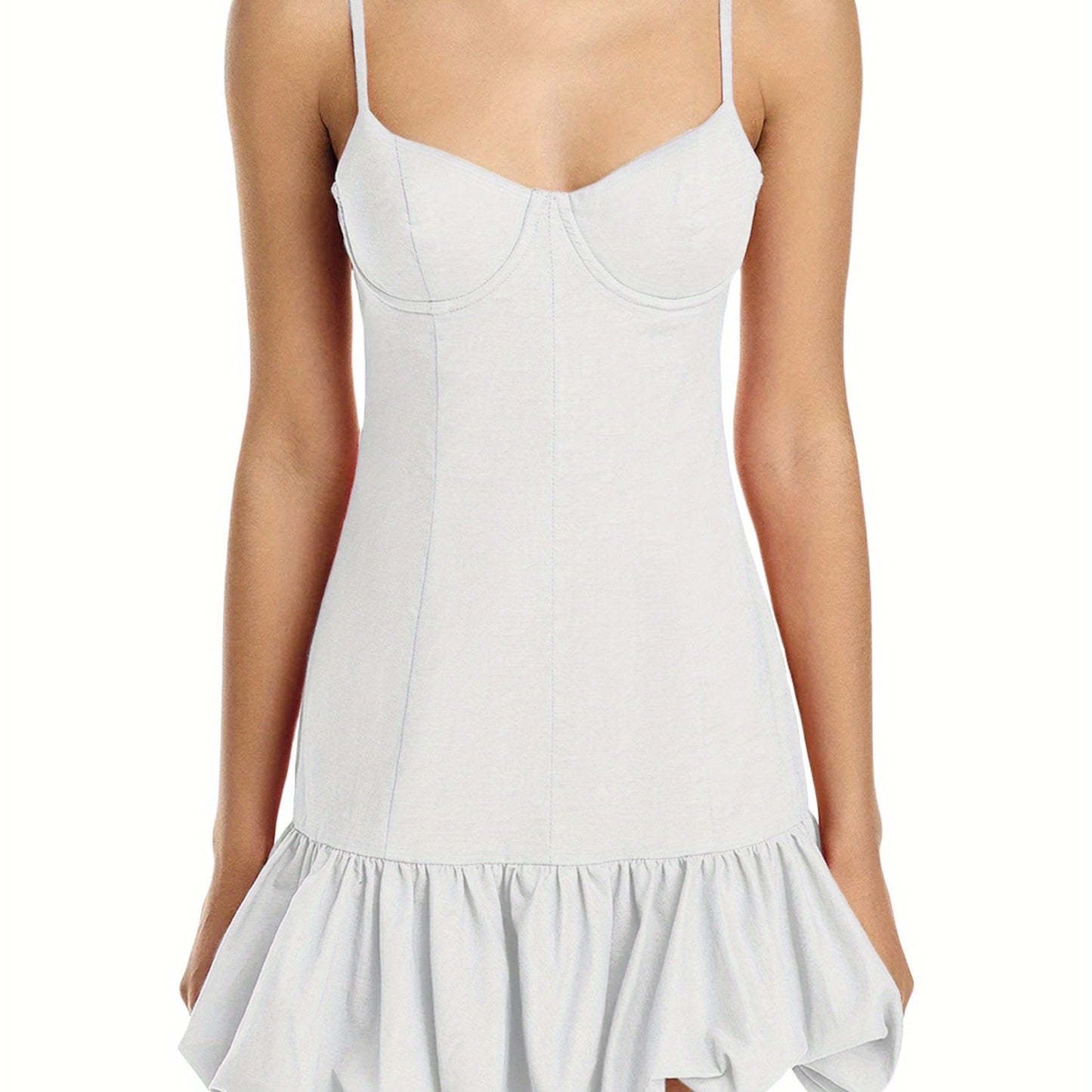Women Mini Dress Solid Color Spaghetti Strap Sleeveless Dress Summer Fashion Bubble Hem Casual Cami Dress