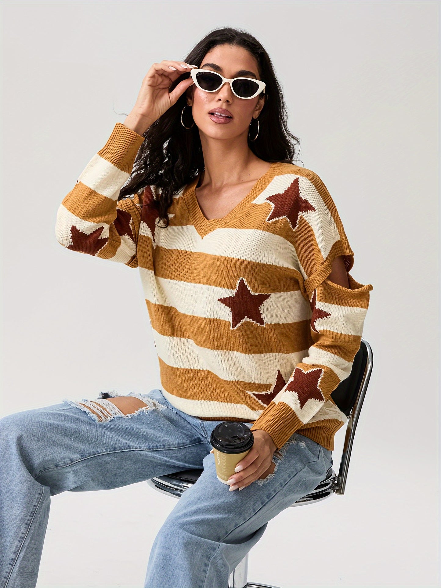 Vintage Style Women'S Knit Pullover Sweater, Crew Neck, Striped and Star Pattern, Long Sleeve, with Fake Button Detail, for Fall Season Warm Knit Fabric