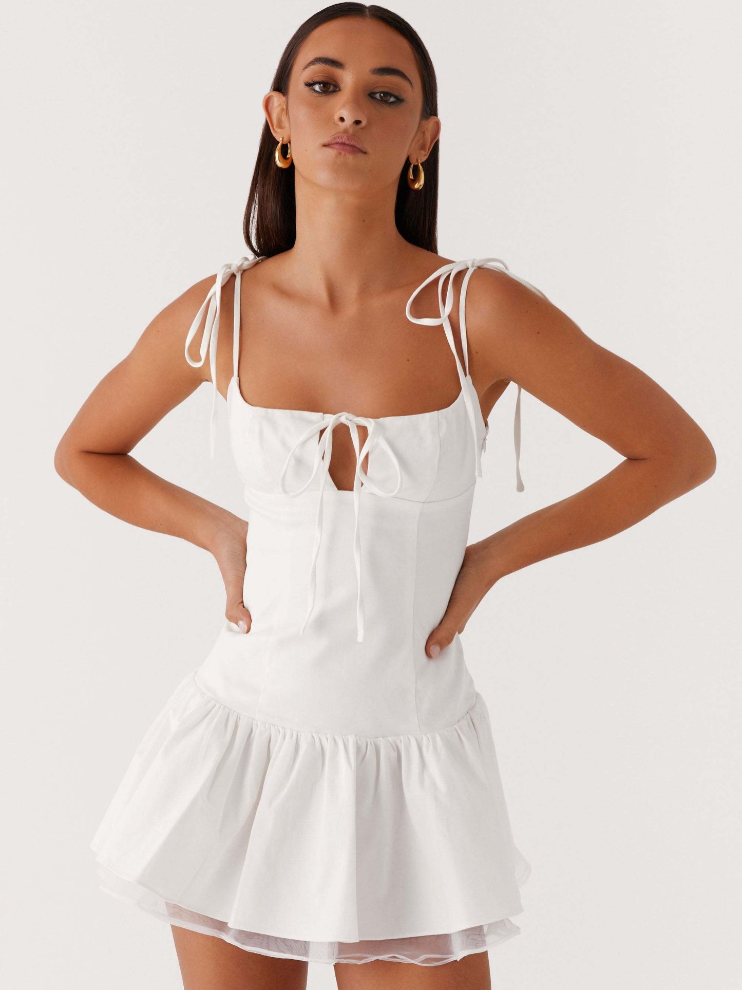 Women'S Dress Sexy Square Neck Thin Shoulder Strap Front Thin Chest Strap Sleeveless Layered Pleated Bottom A-Line Mini Dress