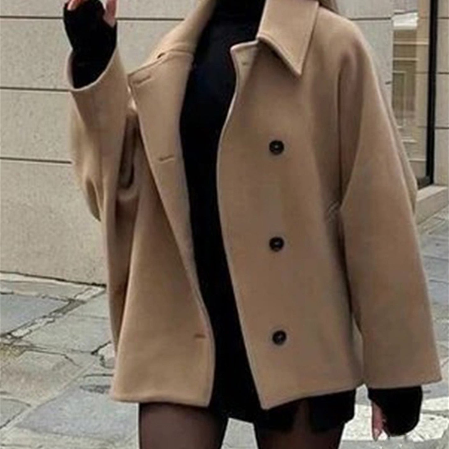 Women's Long Sleeve Plush Tie Front Button Coat - Warm Beige Lapel Collar Jacket for Fall and Winter, Casual Office & Streetwear, Machine Washable Polyester Outerwear, Fall Fashion Wear | Doublebreasted Coat | Polyester Fabric