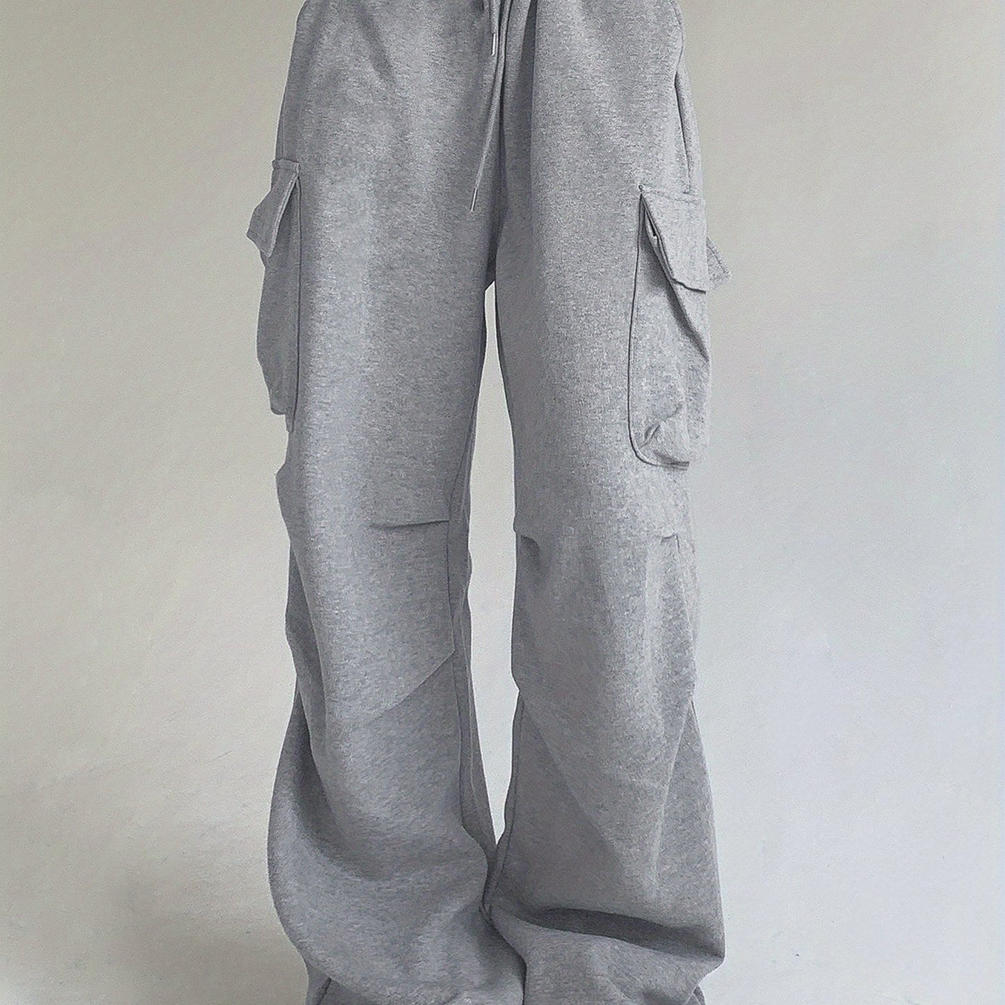 1pc Women'S High Waist Polyester Cargo Sweatpants - Casual Loose Fit Solid Color Parachute Pants with Flap Pockets, Ruched Design, Knit Fabric for Spring\u002FFall