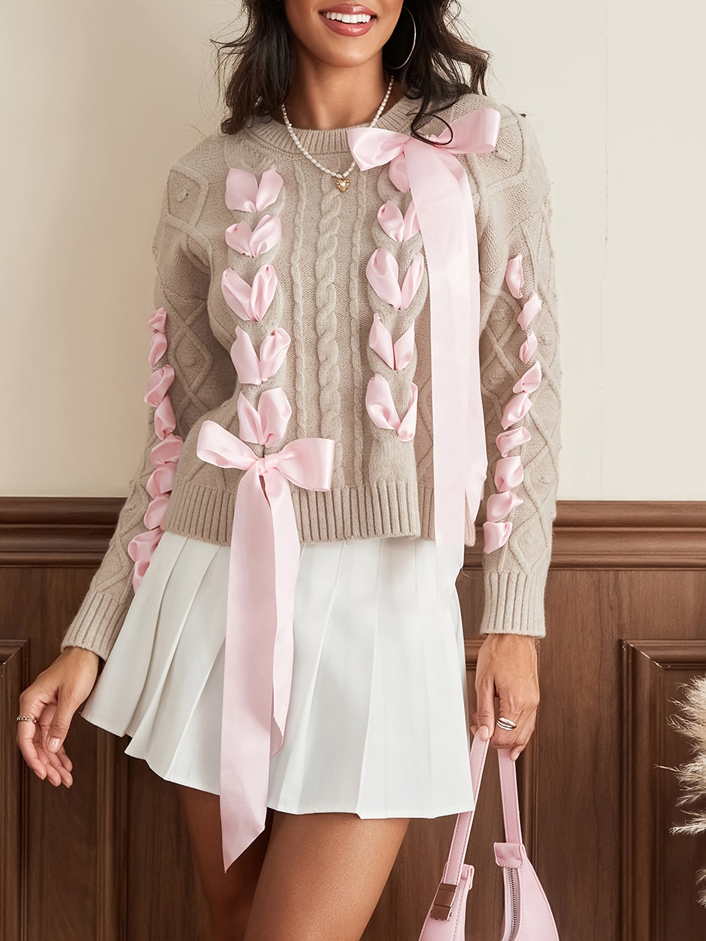 Women'S Ribbon Sweater Cute Round Neck Long Sleeve 3D Bow Cable Knit Pullover Sweater for Fall Winter