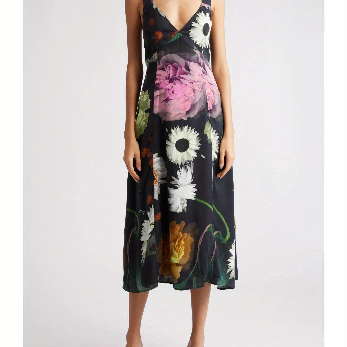 1pc Women'S Floral V-Neck Backless Slip Dress - Casual Polyester Knit Fabric, Double Layer, Loose Fit, Adult Summer Beach Vacation Style