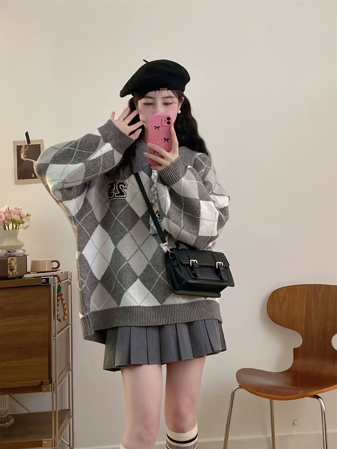 Women'S Casual Loose Fit Sweater with Diamond Pattern - Soft & Cozy Pullover for Spring\u002FFall, Long Sleeve, No Belt, Casual Style, Fall Fashion | Relaxed Fit Top | Knit Construction, Sweater Dress
