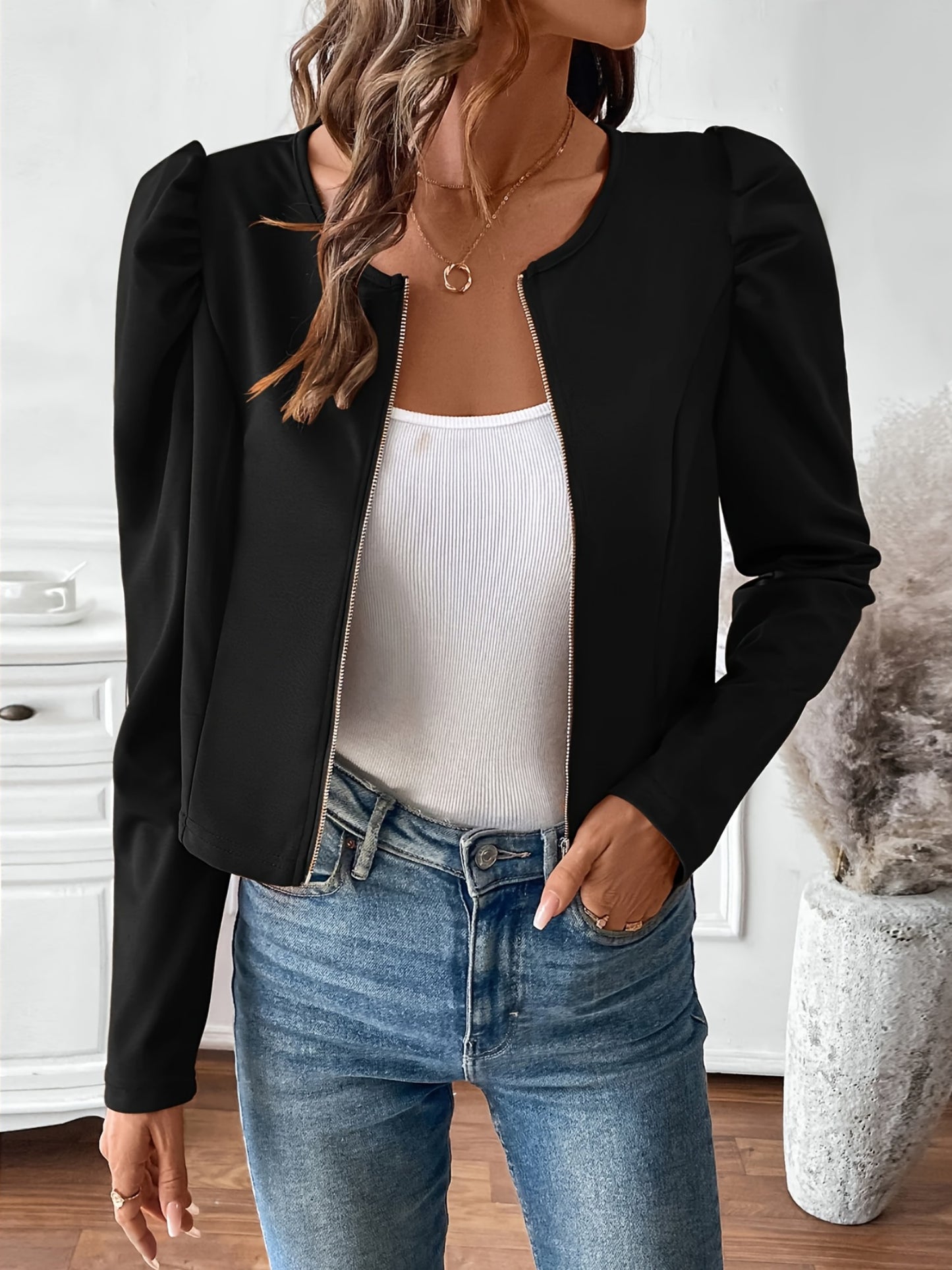 Women'S Elegant Black Zip-Up Jacket with Puffed Sleeves - Casual Long Sleeve, Solid Color, Button Detail, Perfect for Casual Attire, Casual Wear Jacket | Puffed Sleeve Jacket | Zippered Jacket