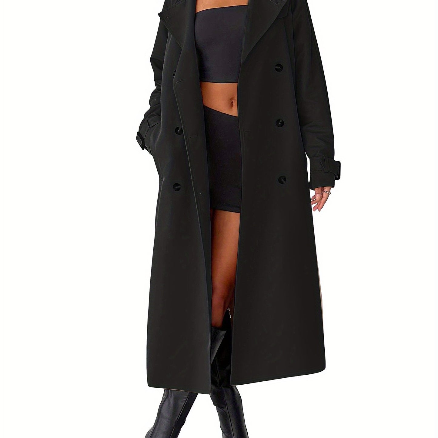 1pc Elegant Women'S Trench Coat - Sexy Solid Color Double-Breasted Long Sleeve Windbreaker with Belt, Polyester Woven Button Front Streetwear Outerwear