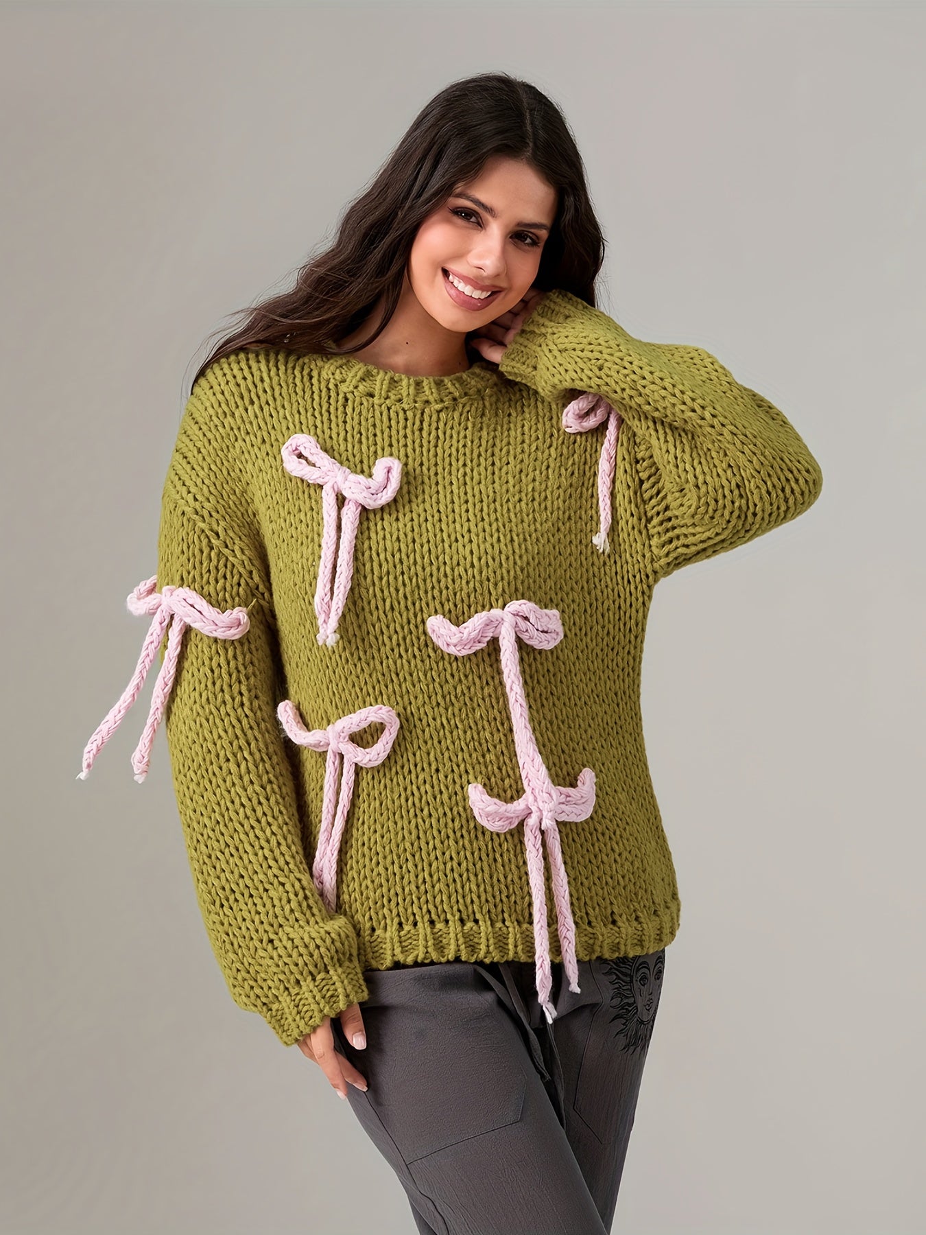 Women'S Crewneck Knit Sweater with 3D Bow Detail - Casual Polyamide Pullover for Fall\u002FWinter, Solid Color Long Sleeve Knitwear
