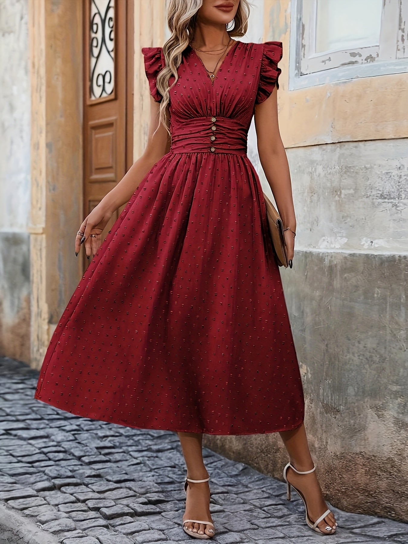 Women's Bohemian V-Neck Sleeveless Midi Dress - High Waist Ruched Detail, Vibrant Pink, Machine Washable Summer Casual & Party Dress for Women, Event Attire, Elegant Design, Flowy Skirt Style