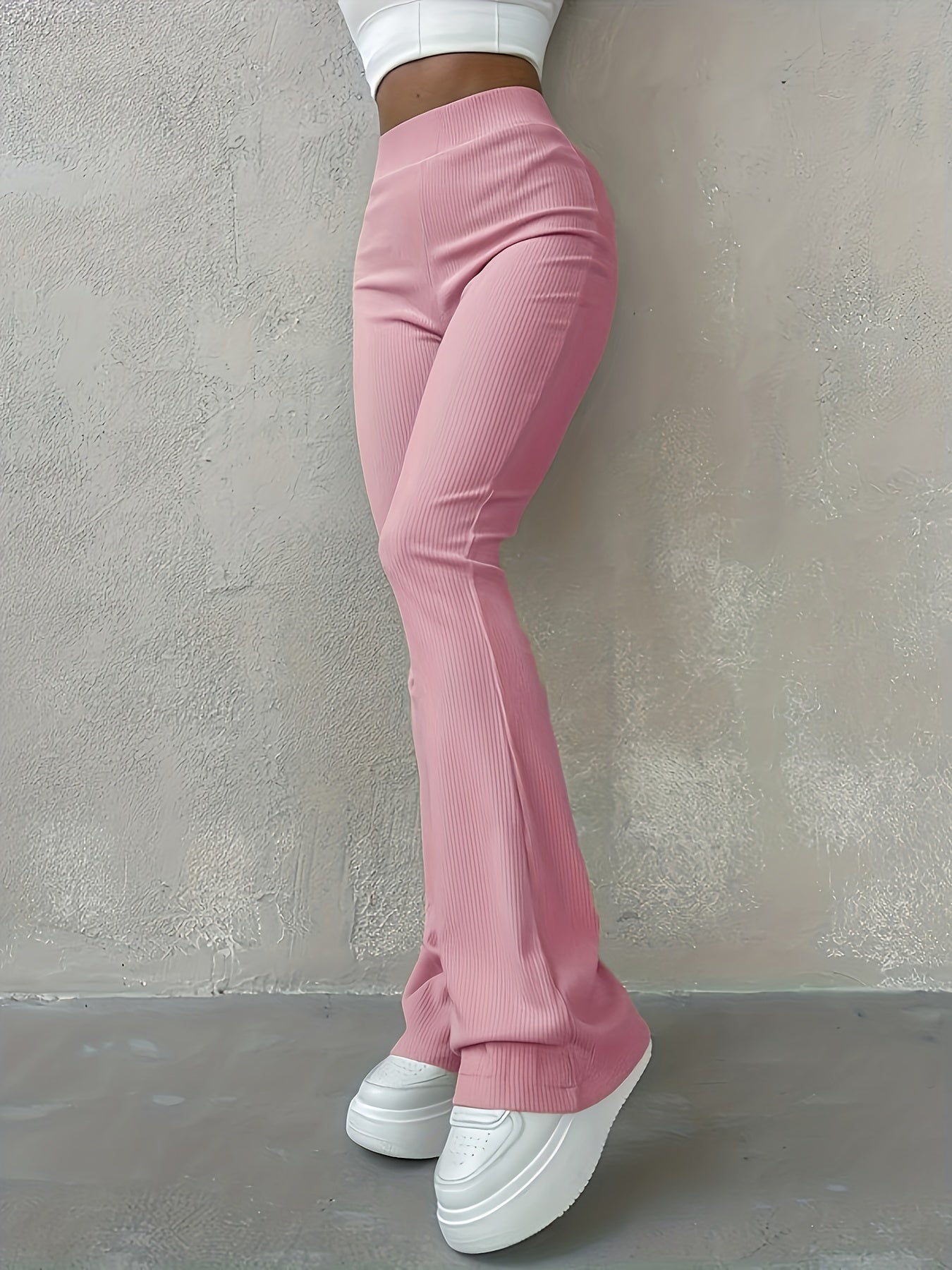 Casual Ribbed Simple Slim Leggings Solid Color High Waist Fashion Trousers