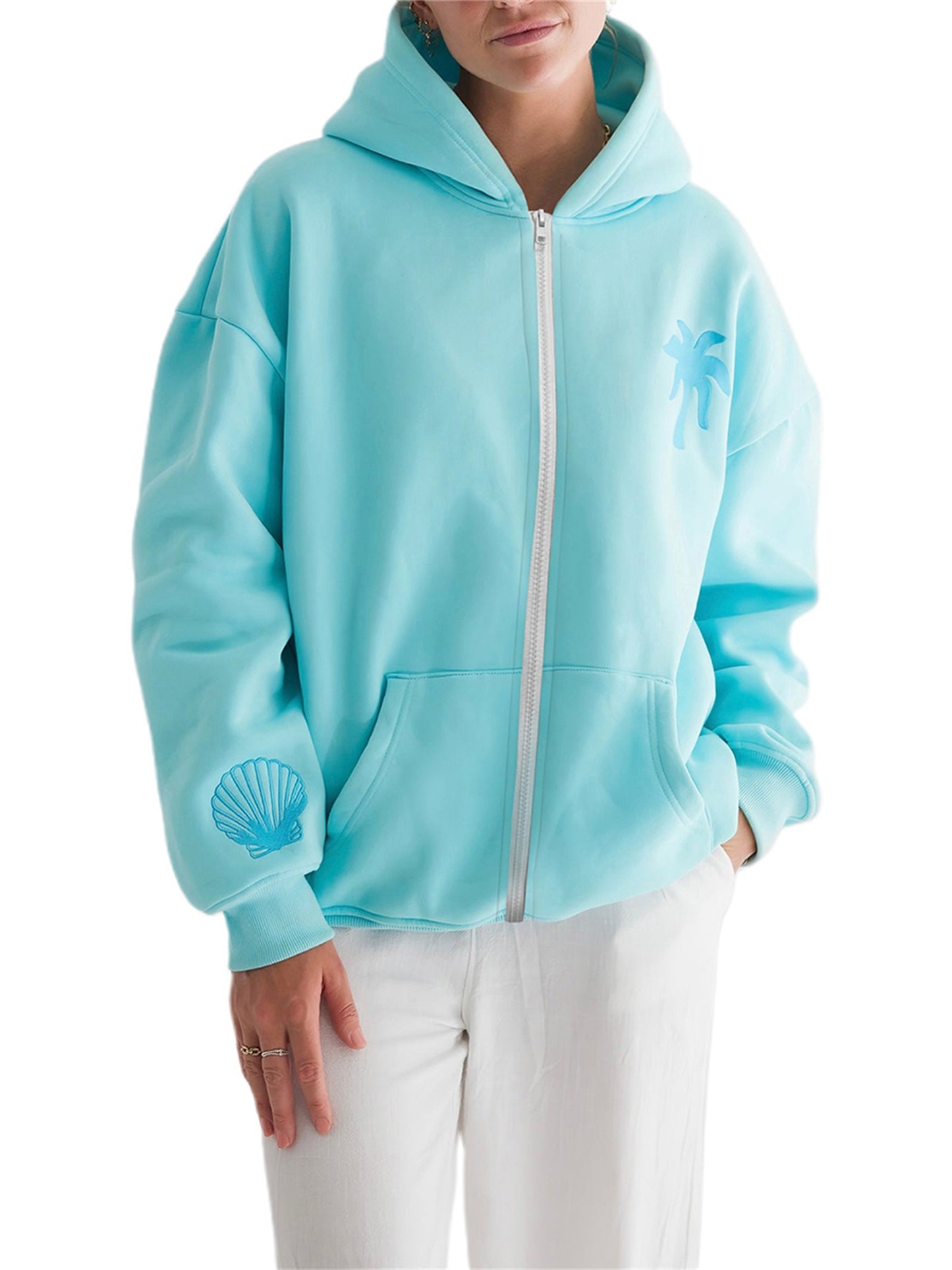 Women'S Loose Hoodies Shell Embroidered Zip-Up Hooded Long Sleeve Sweatshirts Fall Winter Casual Coat