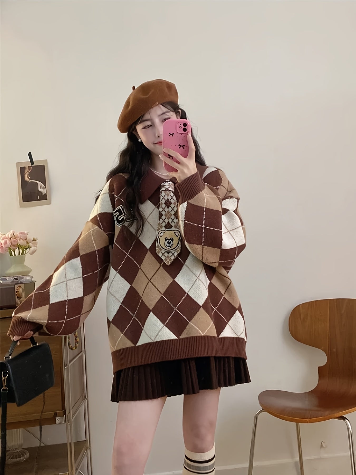 Women'S Casual Loose Fit Sweater with Diamond Pattern - Soft & Cozy Pullover for Spring\u002FFall, Long Sleeve, No Belt, Casual Style, Fall Fashion | Relaxed Fit Top | Knit Construction, Sweater Dress