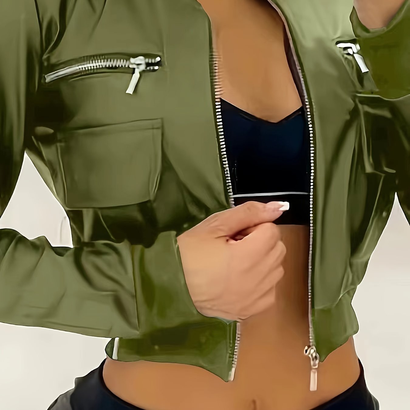 Zipper Solid Crop Jacket, Y2K Long Sleeve Jacket For Spring & Fall, Women's Clothing