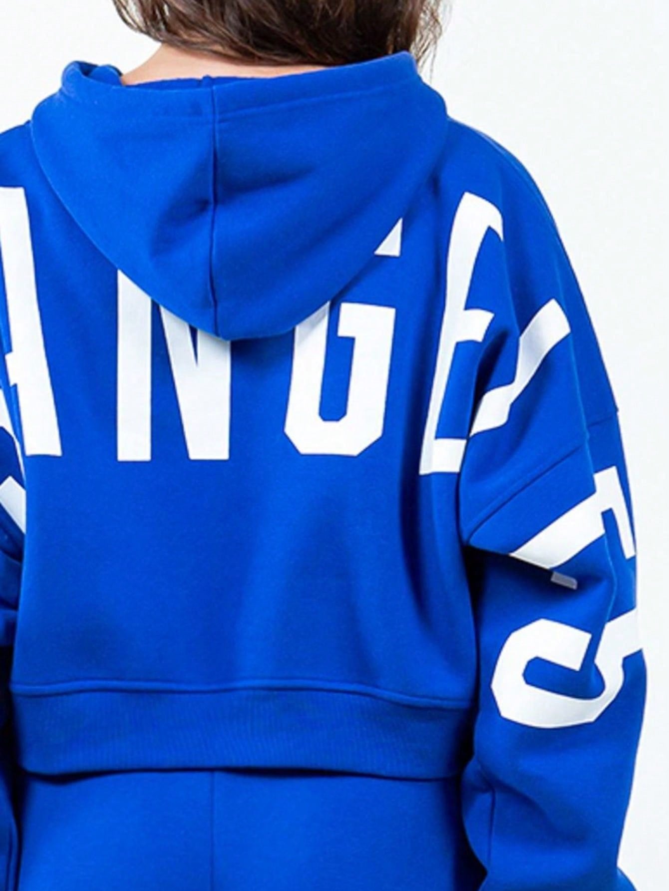 Womens Casual Streetwear Sporty Bold Letter Print Pullover Hoodie Royal Blue Long Sleeve Loose Fit Drawstring Hood Athletic Sweatshirt Fall Winter Daily Wear Urban Style Outerwear