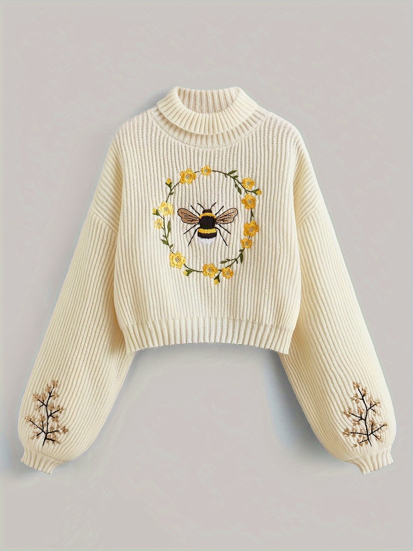 Large Size Women's High Neck Knit Top with Autumn and Winter Fashion Bee Flower Embroidery