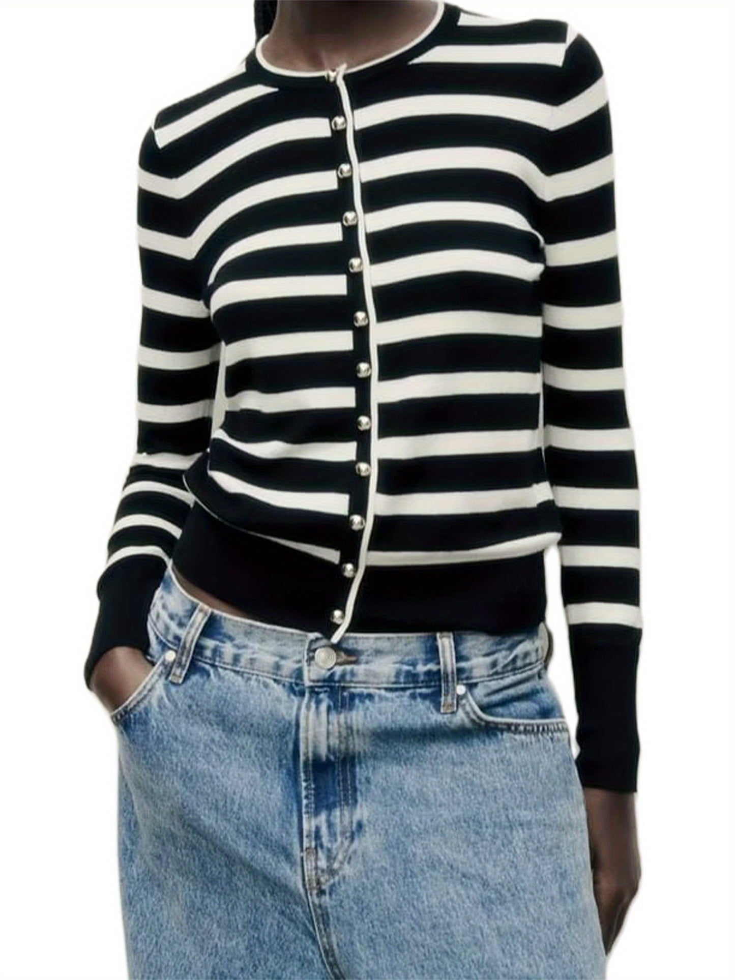 1pc Chic Polyester Crew Neck Cardigan for Women - Solid Color Knit Sweater with Buckle Detail, All-Season Fashion Pullover