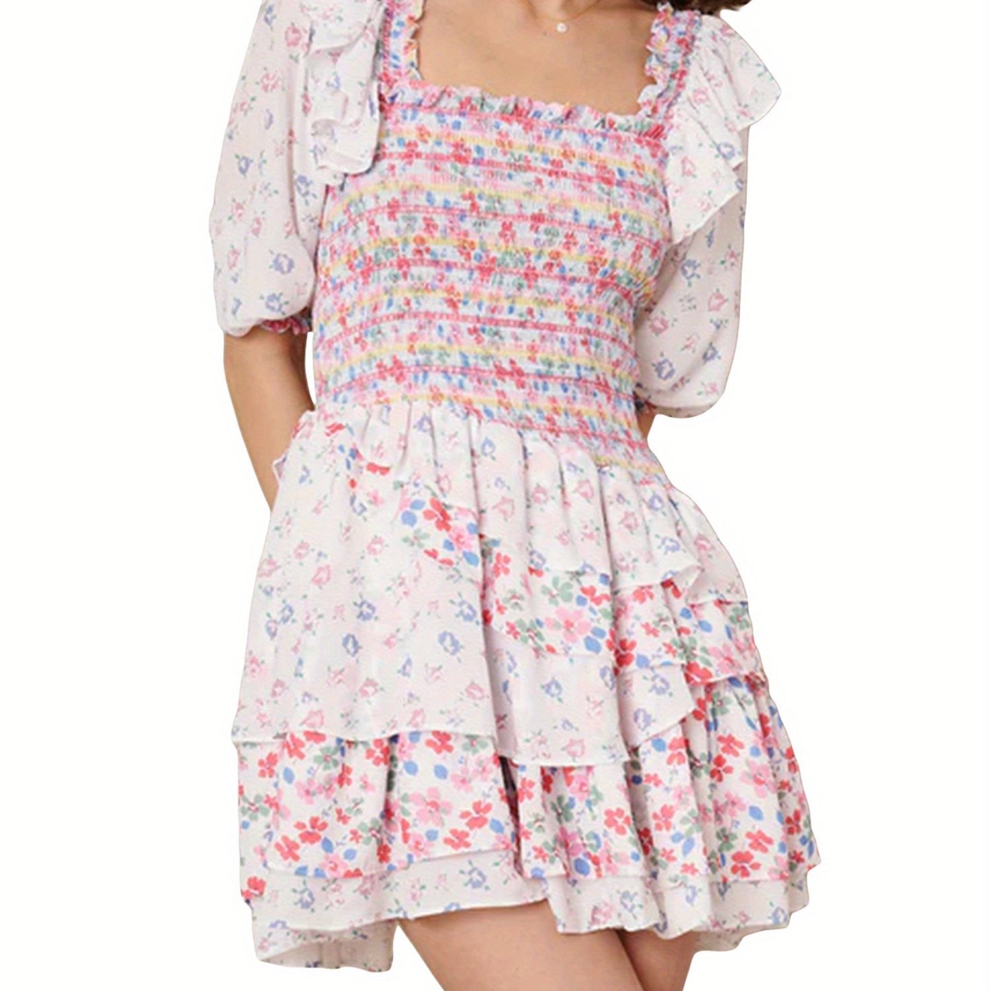 Women'S Elegant Summer A-Line Mini Dress with Short Puff Sleeves & Smocked Waist - Layered Ruffle Hem, Floral Print, Low-Cut Design for Casual or Dressy Occasions, Cute Summer Dresses, Delicate Sleeve Design