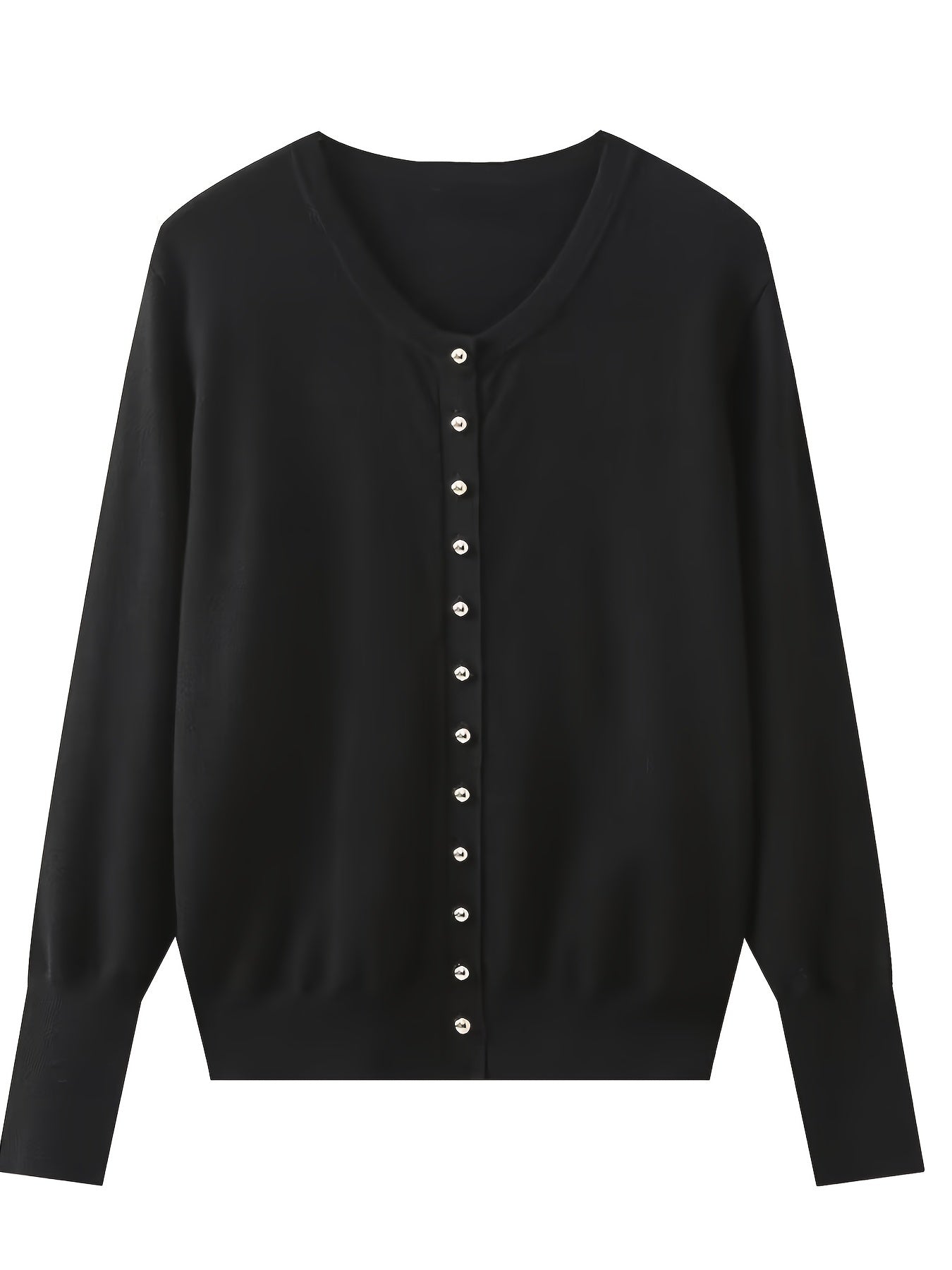 1pc Chic Polyester Crew Neck Cardigan for Women - Solid Color Knit Sweater with Buckle Detail, All-Season Fashion Pullover