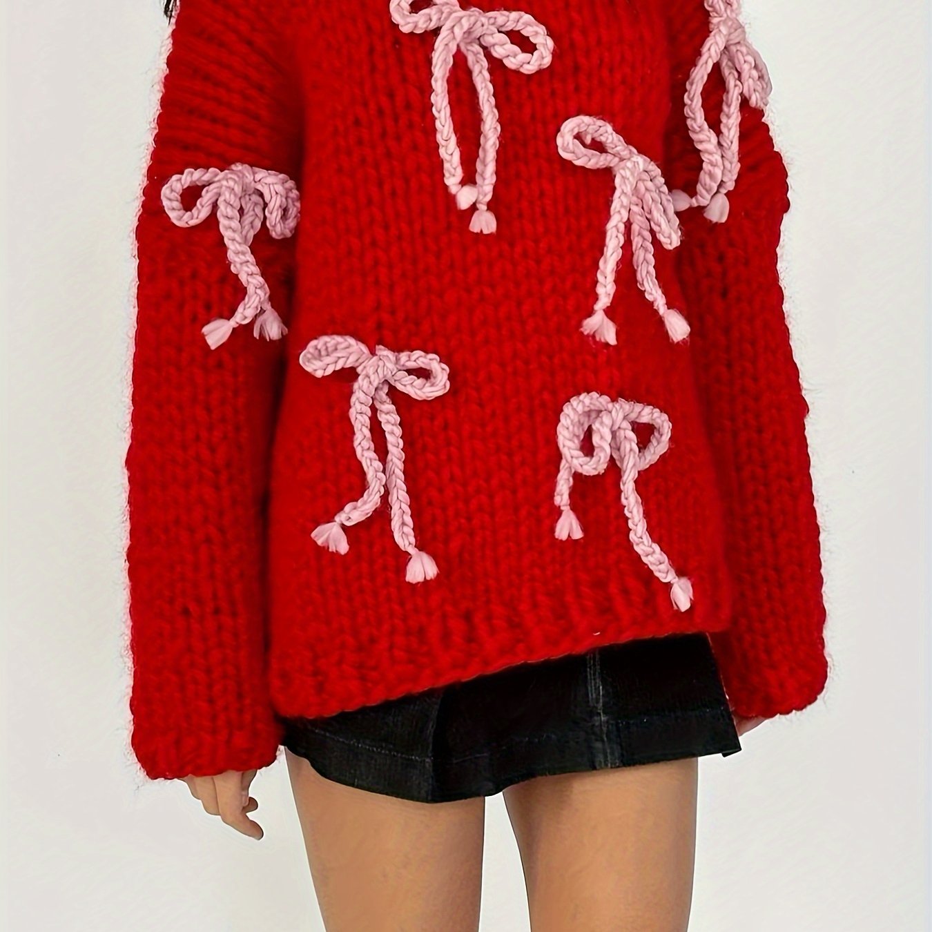 Women'S Crewneck Knit Sweater with 3D Bow Detail - Casual Polyamide Pullover for Fall\u002FWinter, Solid Color Long Sleeve Knitwear