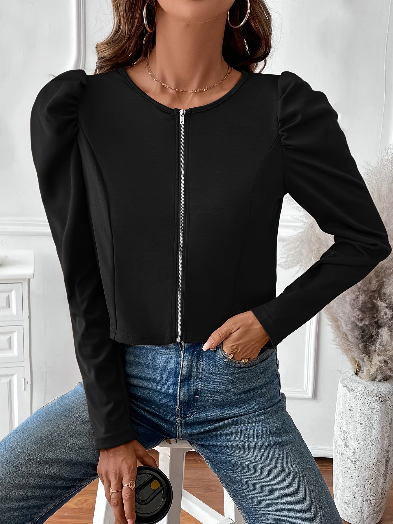 Women'S Elegant Black Zip-Up Jacket with Puffed Sleeves - Casual Long Sleeve, Solid Color, Button Detail, Perfect for Casual Attire, Casual Wear Jacket | Puffed Sleeve Jacket | Zippered Jacket