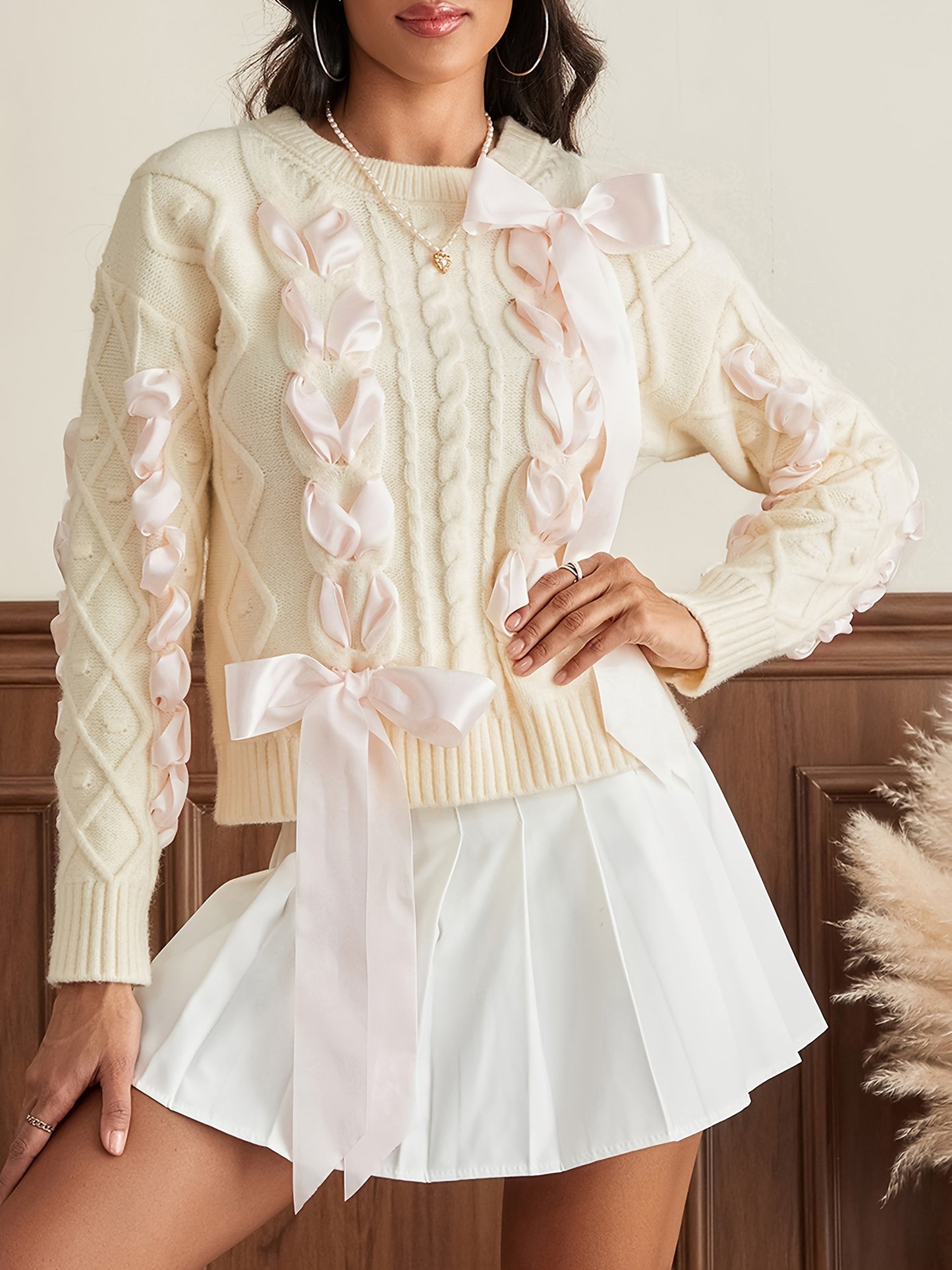 Women'S Ribbon Sweater Cute Round Neck Long Sleeve 3D Bow Cable Knit Pullover Sweater for Fall Winter