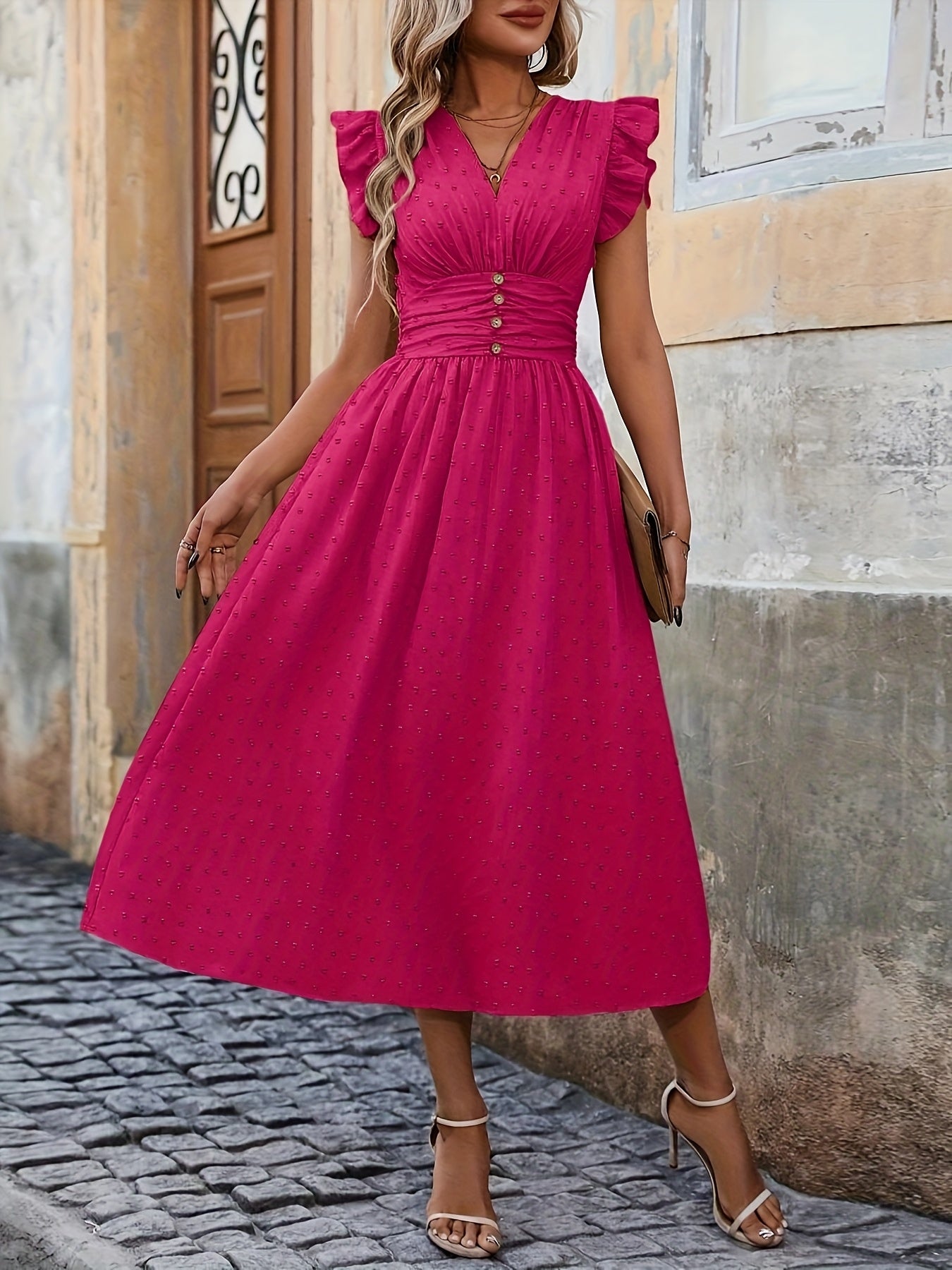Women's Bohemian V-Neck Sleeveless Midi Dress - High Waist Ruched Detail, Vibrant Pink, Machine Washable Summer Casual & Party Dress for Women, Event Attire, Elegant Design, Flowy Skirt Style