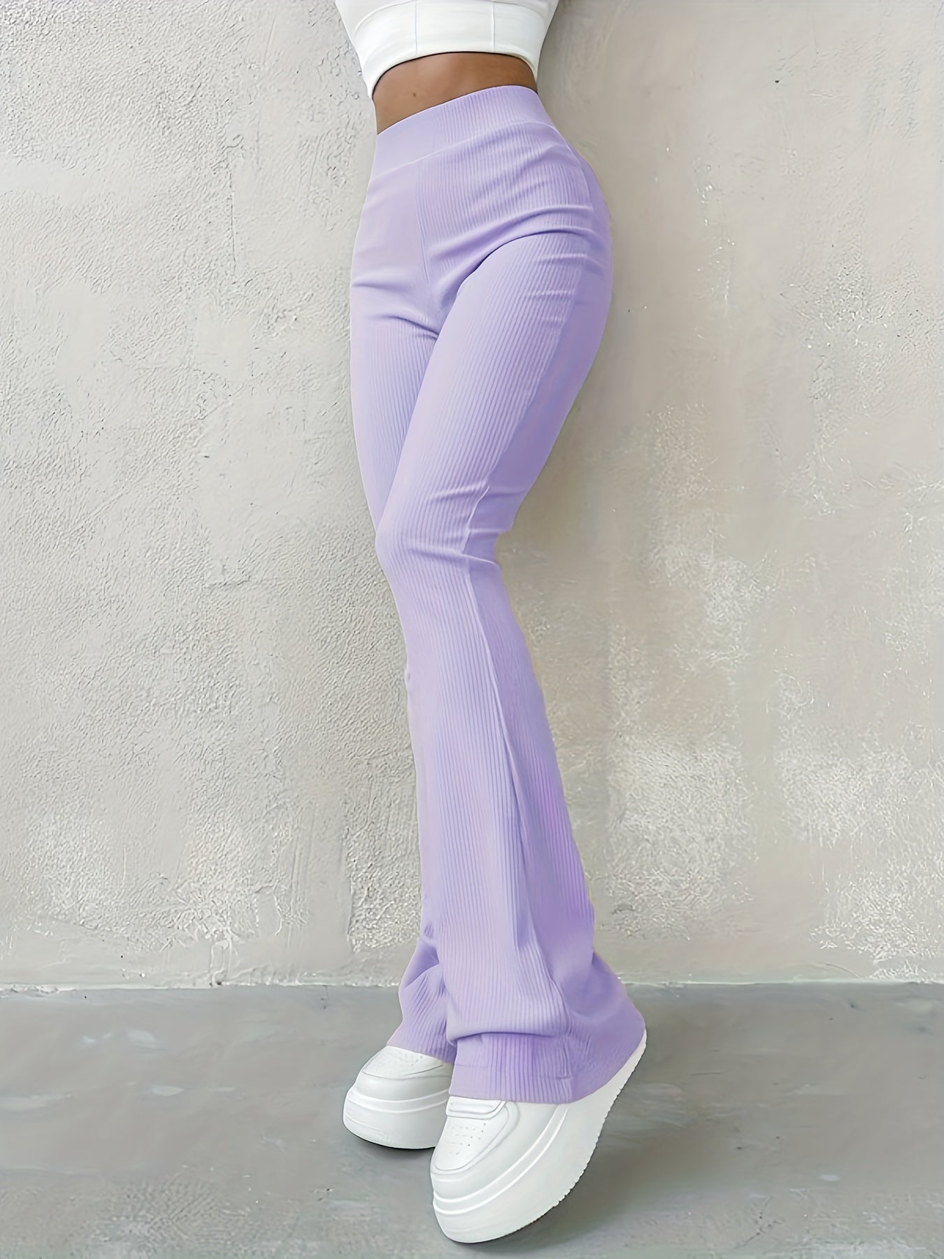 Casual Ribbed Simple Slim Leggings Solid Color High Waist Fashion Trousers