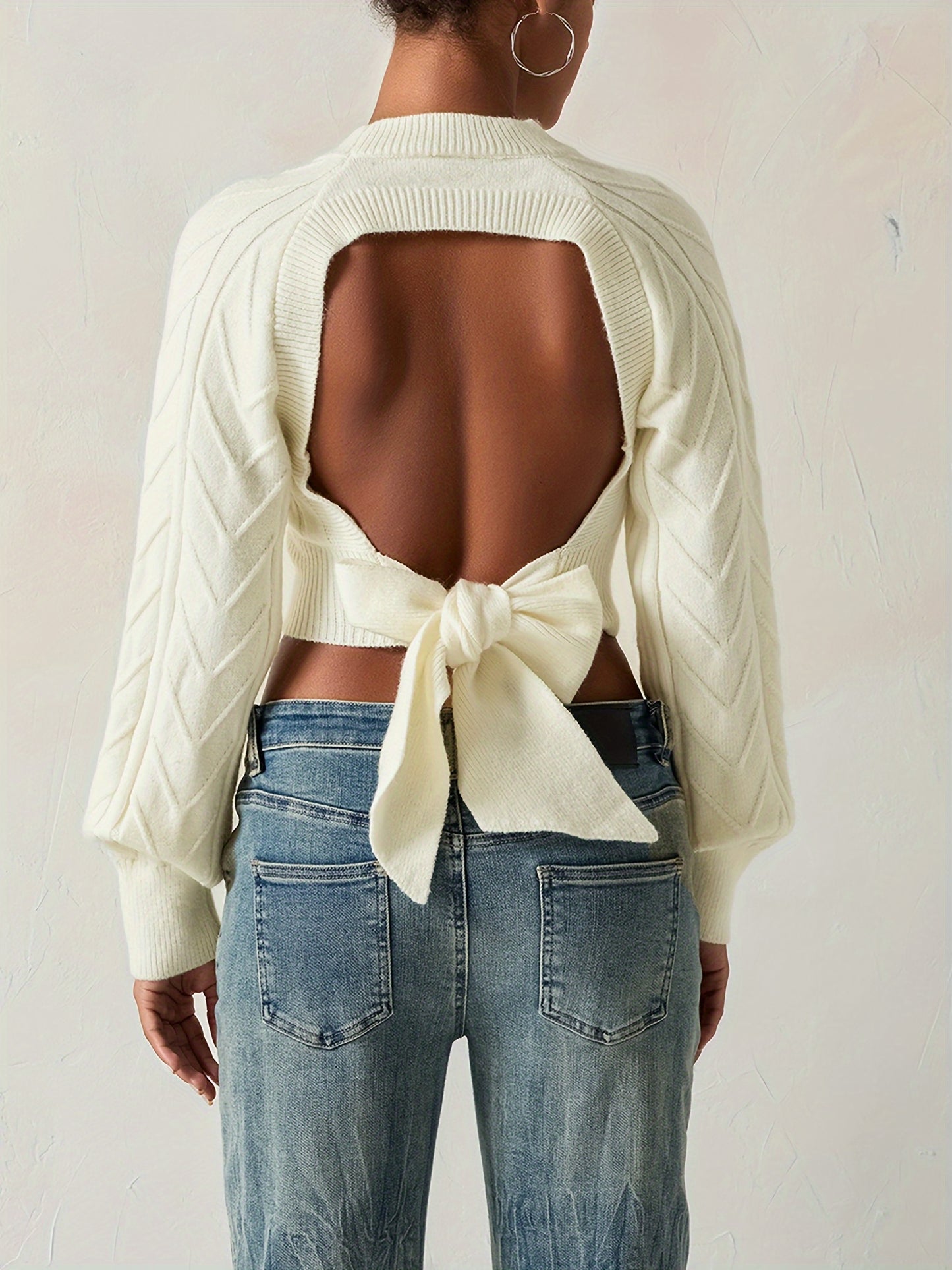 Women'S Acrylic Blend Cable Knit Pullover with Bow Detail, Crew Neck, Long Sleeve Crop Top for Fall\u002FWinter - Chic Solid Color Knitwear