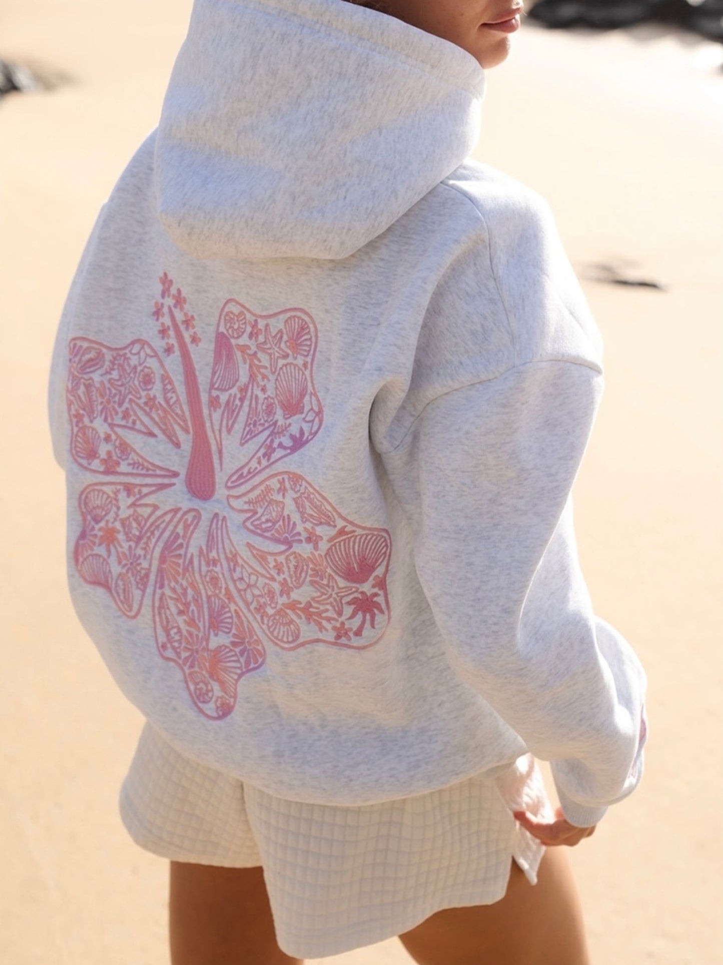 Long Sleeve Crew Neck Knit Polyester Hoodie - Women'S Beach-Themed Sweatshirt with Front Pocket, Slight Stretch, Printed Palm & Shell Design, Casual Sports Style Top