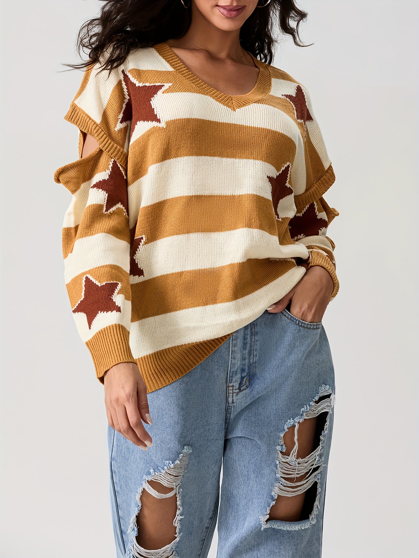 Vintage Style Women'S Knit Pullover Sweater, Crew Neck, Striped and Star Pattern, Long Sleeve, with Fake Button Detail, for Fall Season Warm Knit Fabric