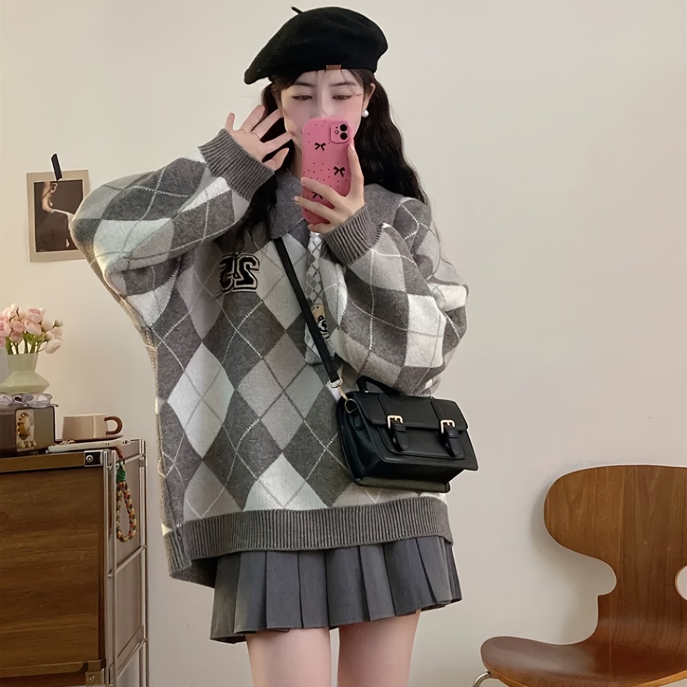 Women'S Casual Loose Fit Sweater with Diamond Pattern - Soft & Cozy Pullover for Spring\u002FFall, Long Sleeve, No Belt, Casual Style, Fall Fashion | Relaxed Fit Top | Knit Construction, Sweater Dress