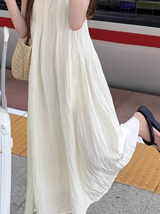 Beige Summer Dress Beige Plus Size Sleeveless Halter Neck Dress | Flowy Maxi Dress with Frill Detail - Perfect for Beach and Summer Vacation, Beach Vacation Attire, Casual Elegant Dress, Beach Clothes