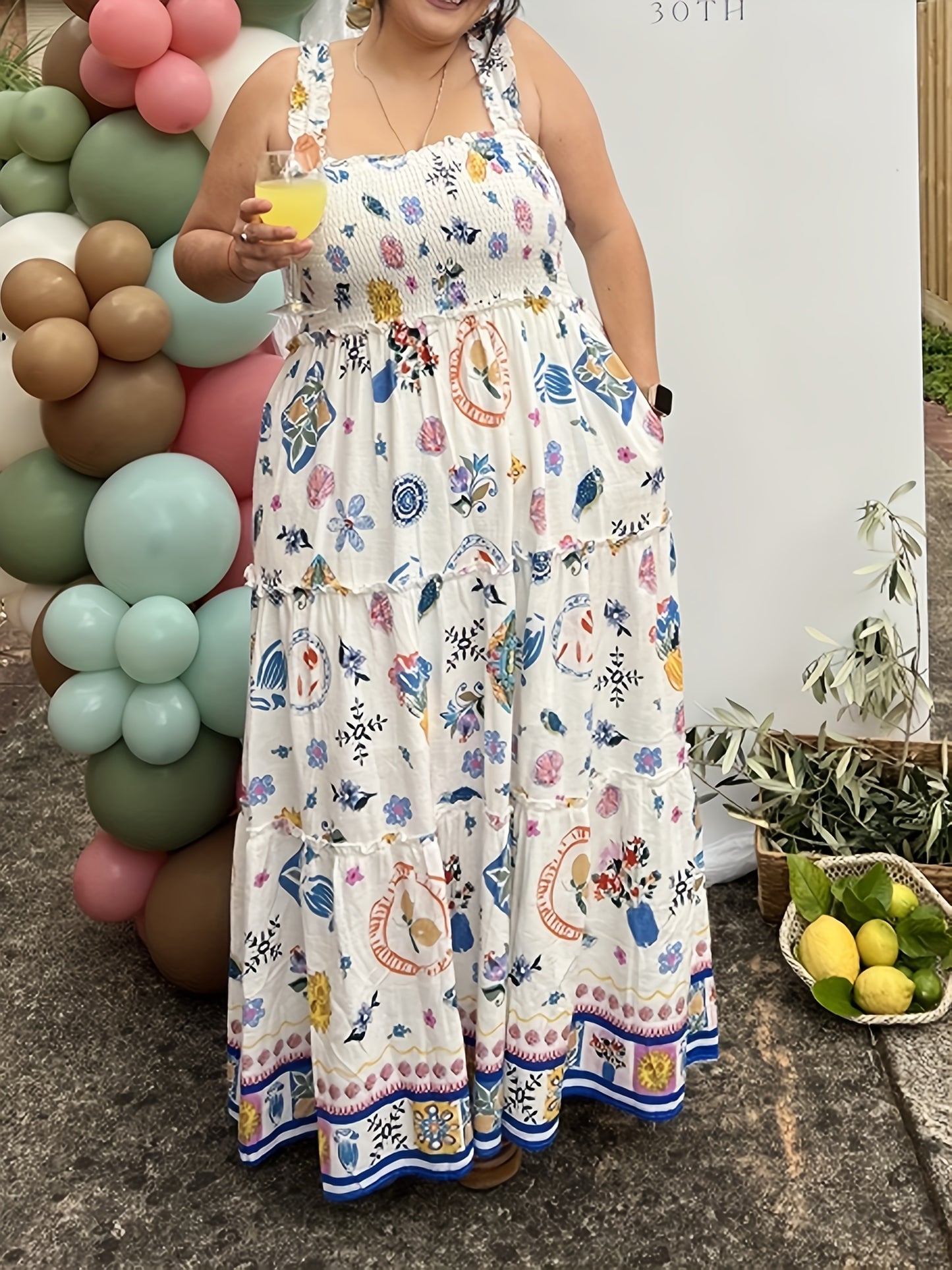 1pc Women'S Vacation Style Strapless A-Line Dress - Sleeveless Backless Polyester Beach Dress with Color Block Floral & Fruit Print, Woven Flowy Dress for All Seasons