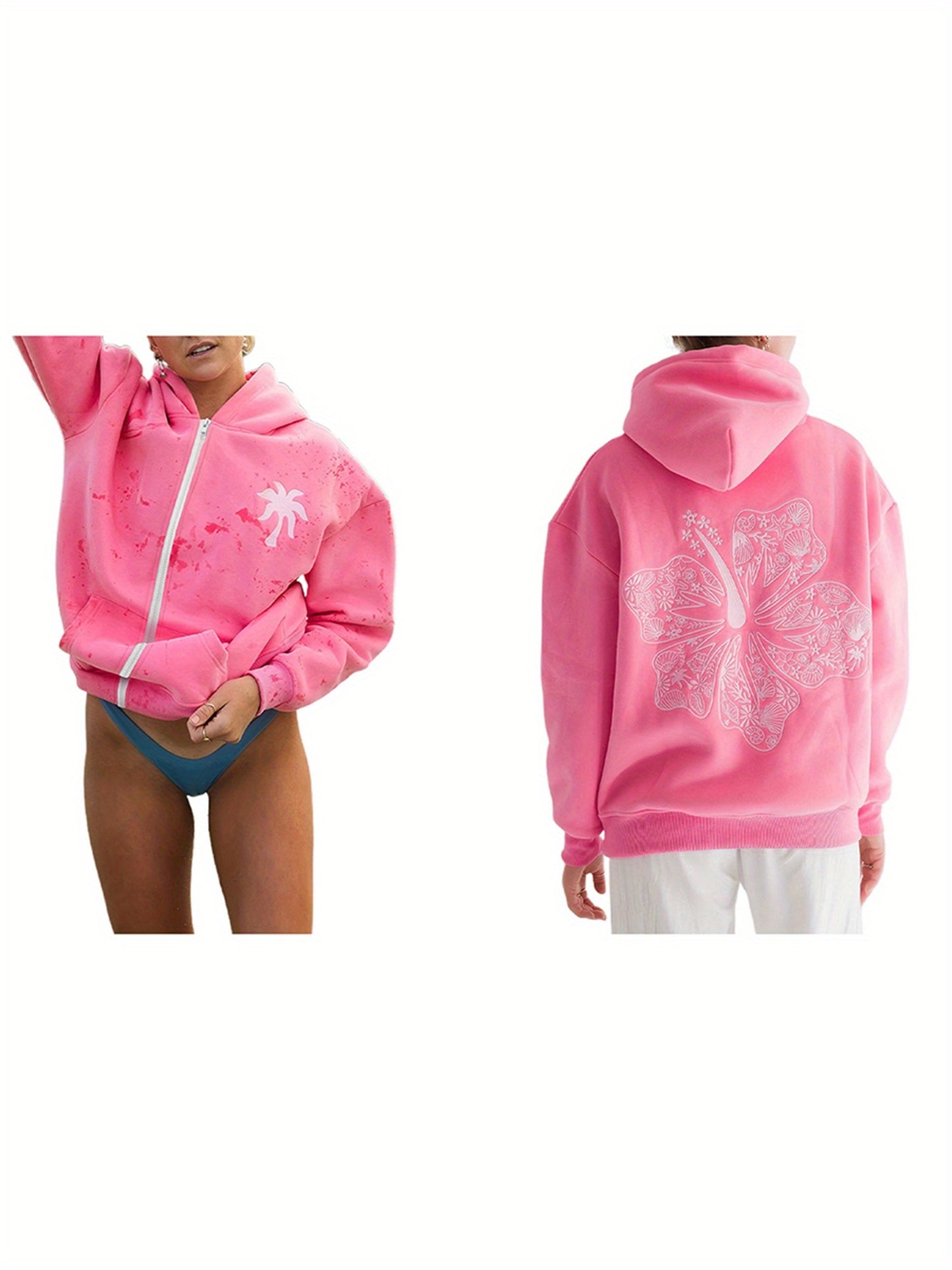 Women'S Loose Hoodies Shell Embroidered Zip-Up Hooded Long Sleeve Sweatshirts Fall Winter Casual Coat