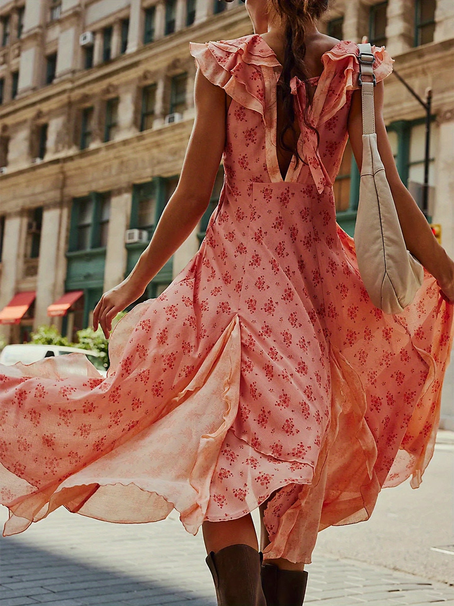 Women Summer Casual Midi Dress Floral Print Ruffles Fly Sleeve V-Neck Dress Fashion Holiday Beach Dress