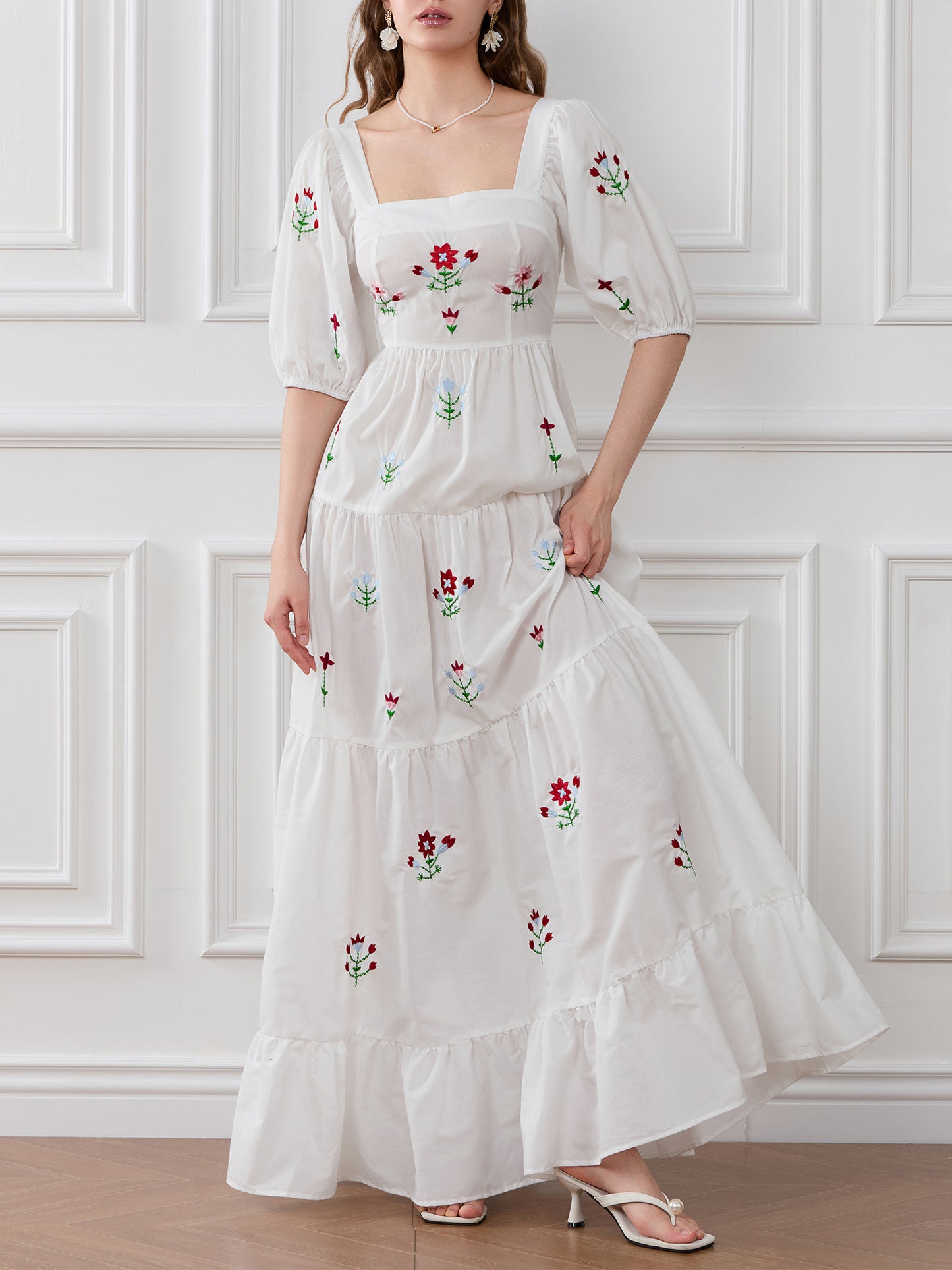 Women's Elegant Floral-like long dress - Flowy A-Line Formal & casual event gown, with Square Neckline, for Wedding, Party, Everyday Outfits - Spring\u002FSummer\u002FFall Dresses, Seasonal Fashion, Smocked Embroidery, Lightweight Fabric