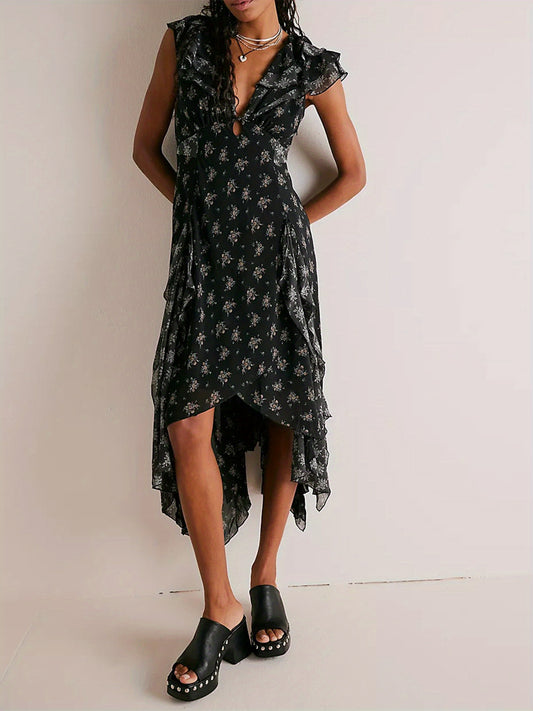 Women Summer Casual Midi Dress Floral Print Ruffles Fly Sleeve V-Neck Dress Fashion Holiday Beach Dress
